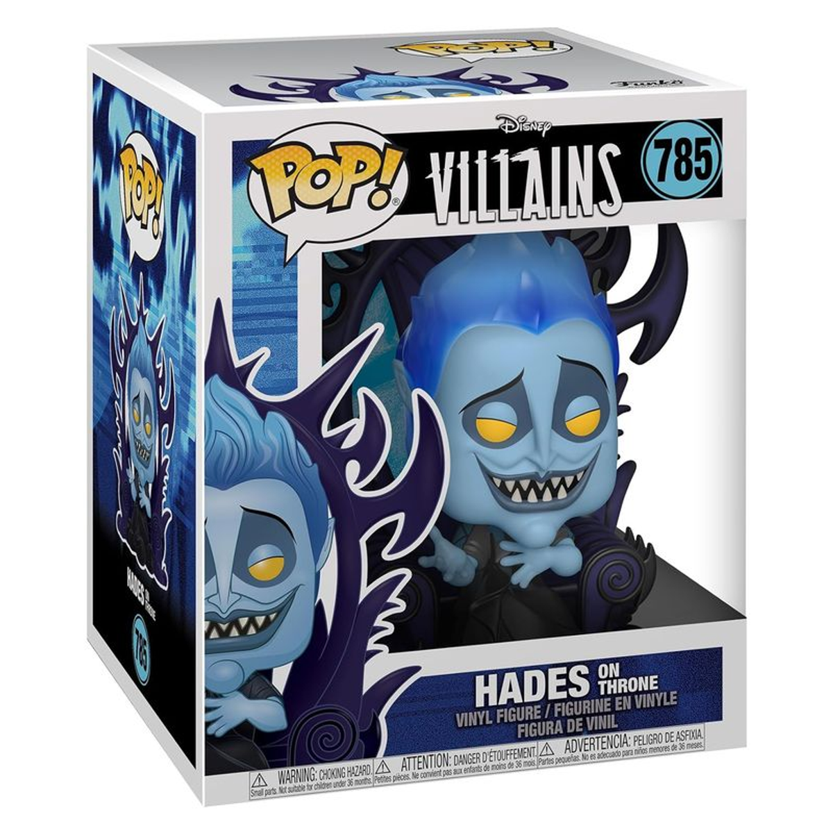 Personaggio Pop di Hades in scatola. Siede su un trono. Artwork con Hades e il logo Disney Villains.