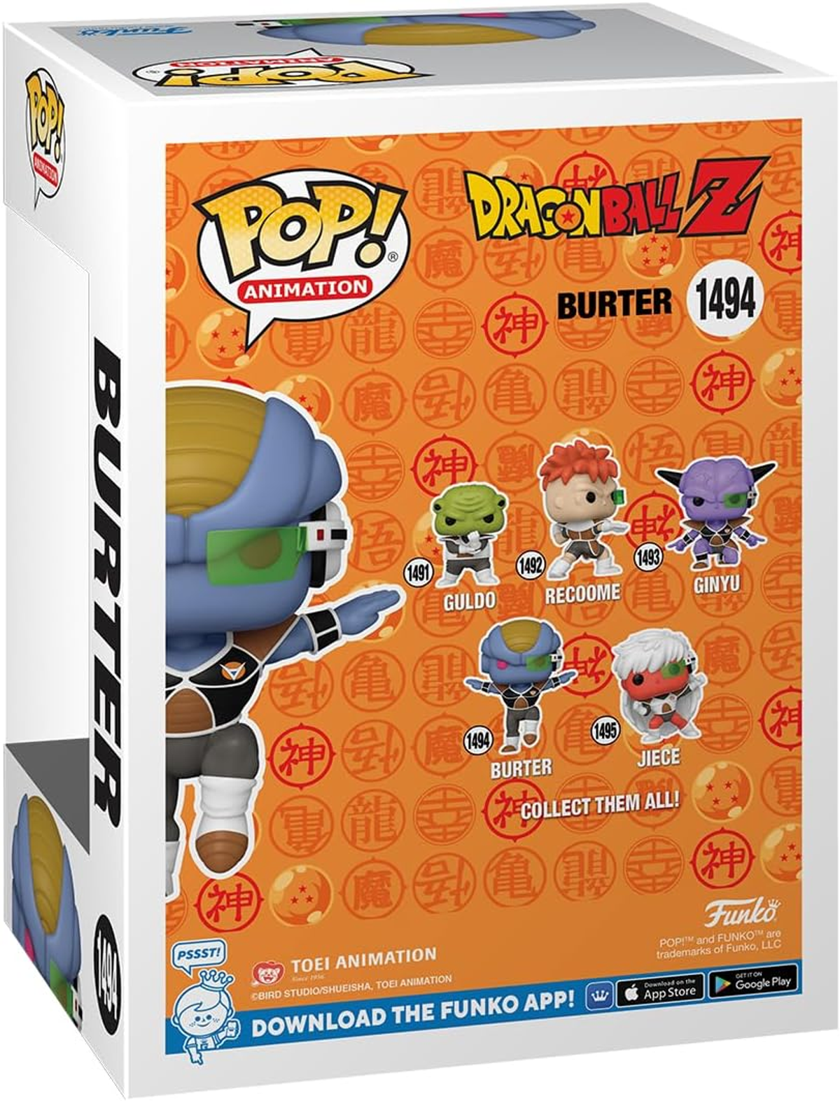 Funko Pop! Dragon Ball Z Burter-Figur-Box. Box hat Burter-Figur, andere Figuren und das Funko-Logo.