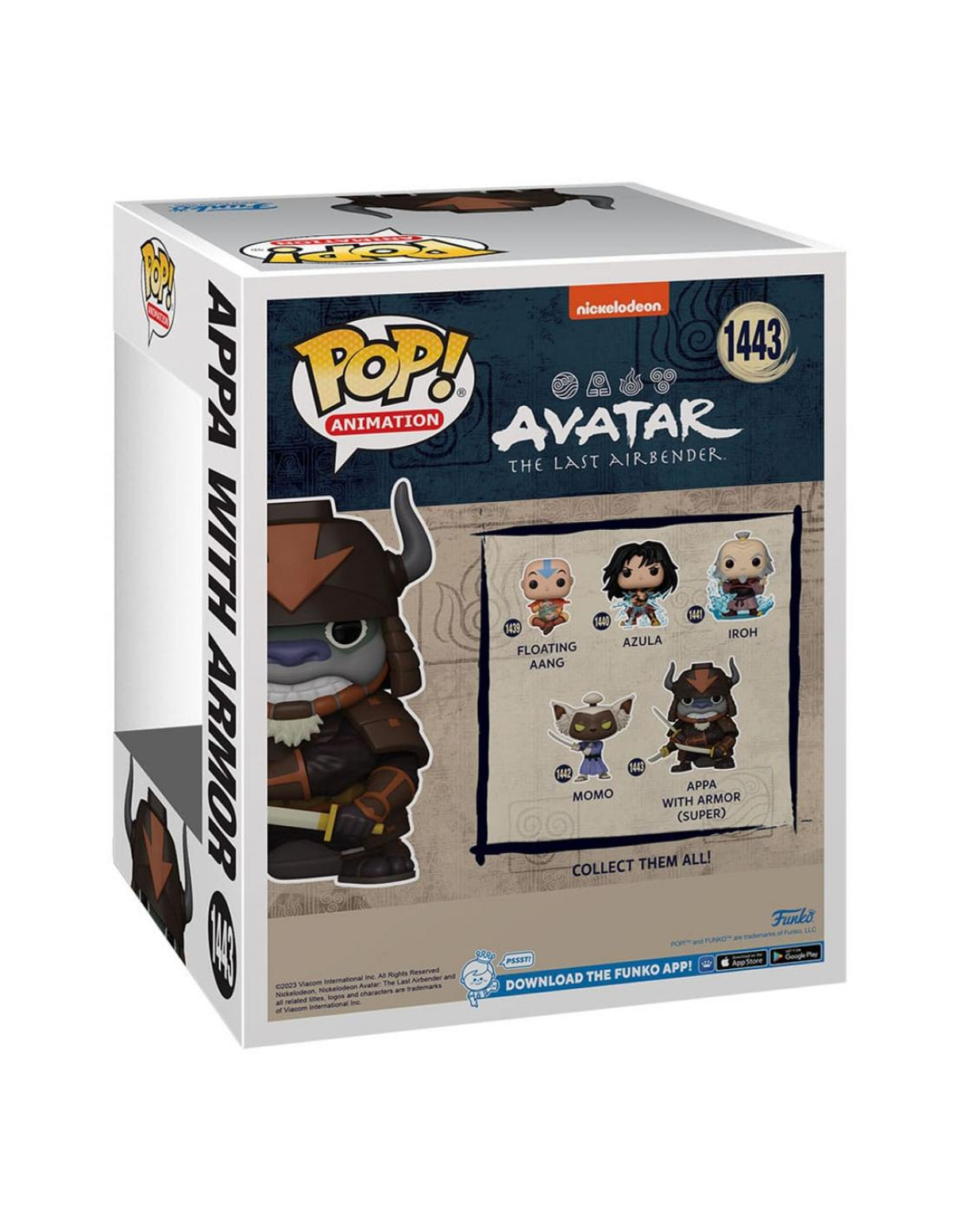 Una scatola Funko Pop con un personaggio di Avatar sul davanti e altri personaggi sul retro.