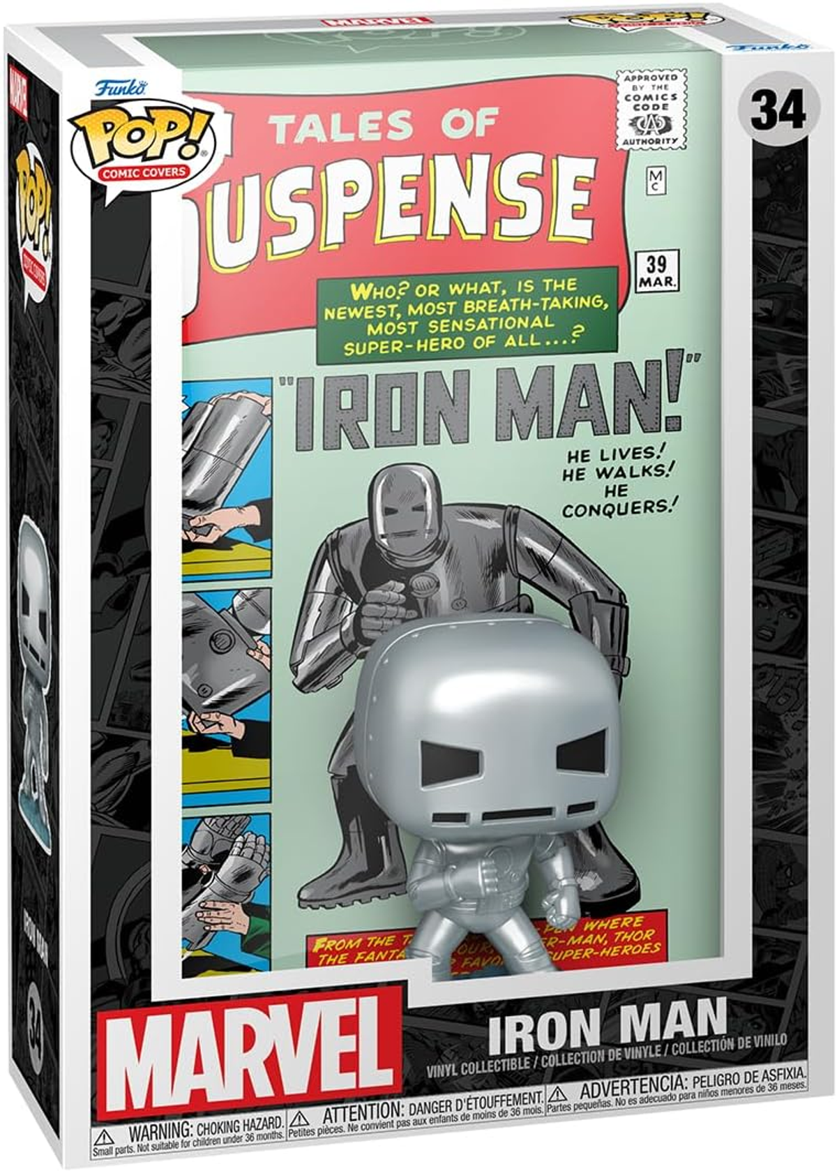 Figura Funko Pop! di Iron Man in una scatola in stile fumetto. La figura è argentata e la scatola presenta Iron Man.