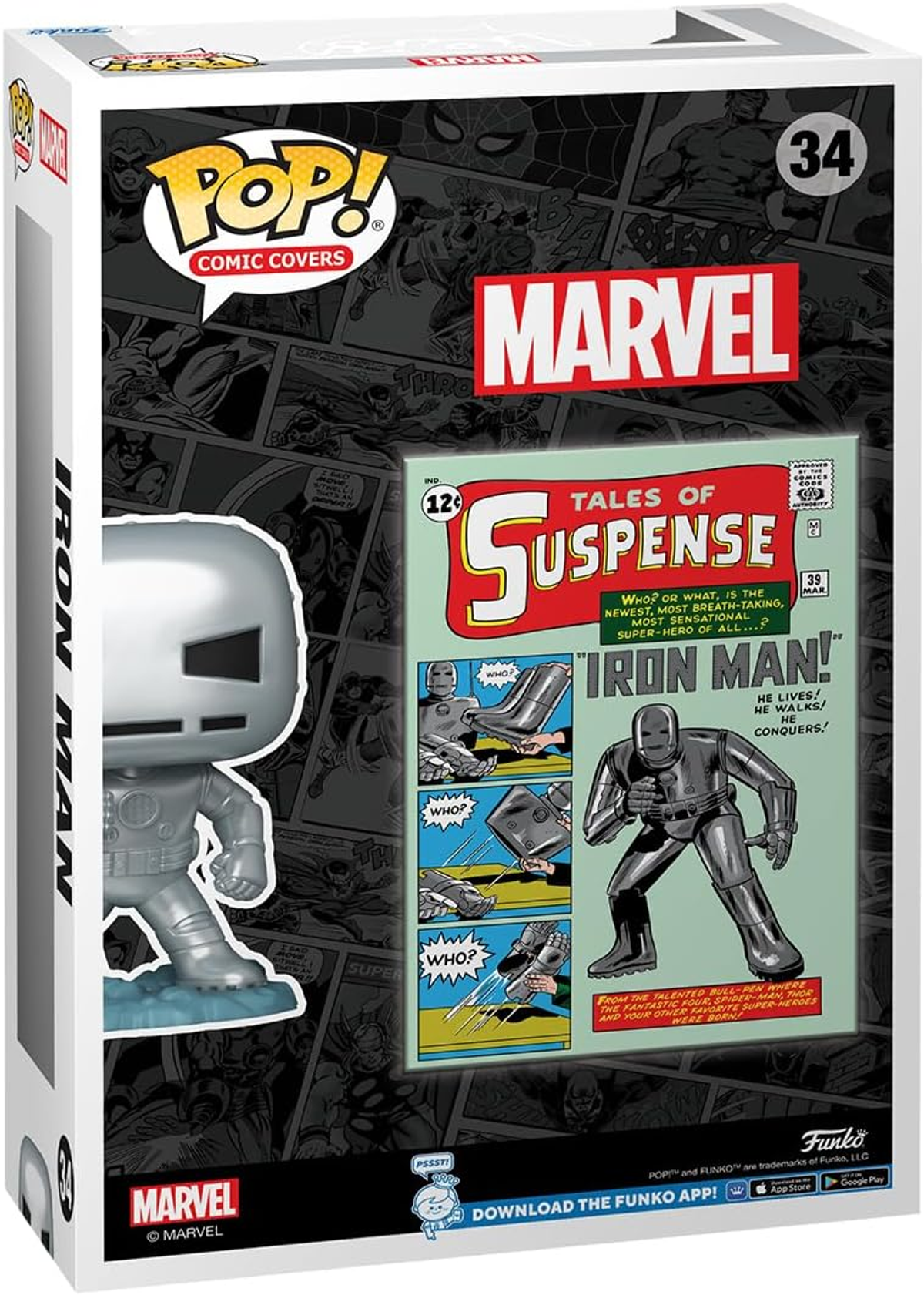 Action figure di Iron Man su una scatola con fumetti e il logo Marvel.