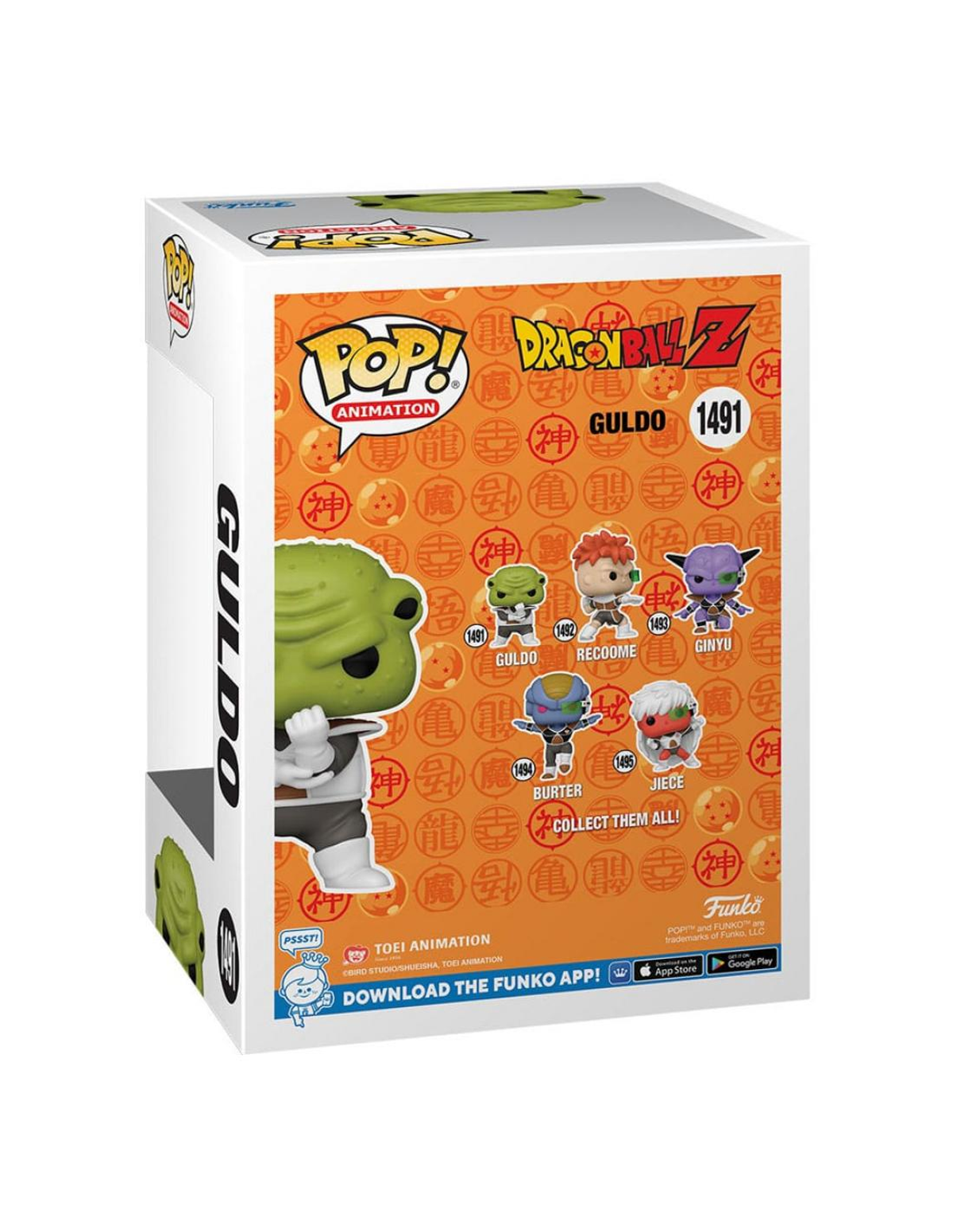 Funko Pop! Figur von Guldo aus Dragon Ball Z. Die Box zeigt Guldo und andere Charaktere.