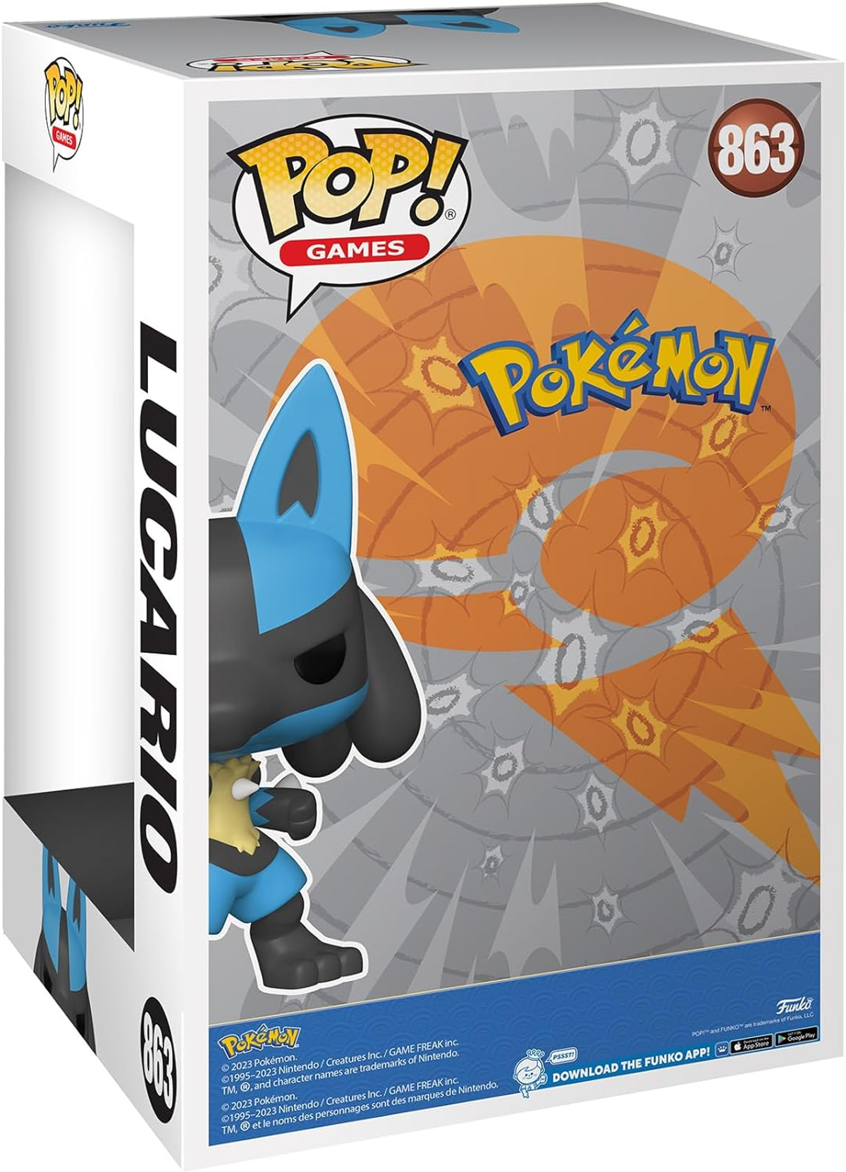 Funko Pop Lucario Figur, weiß-orange Box, Pokemon Logo, weißer Hintergrund.