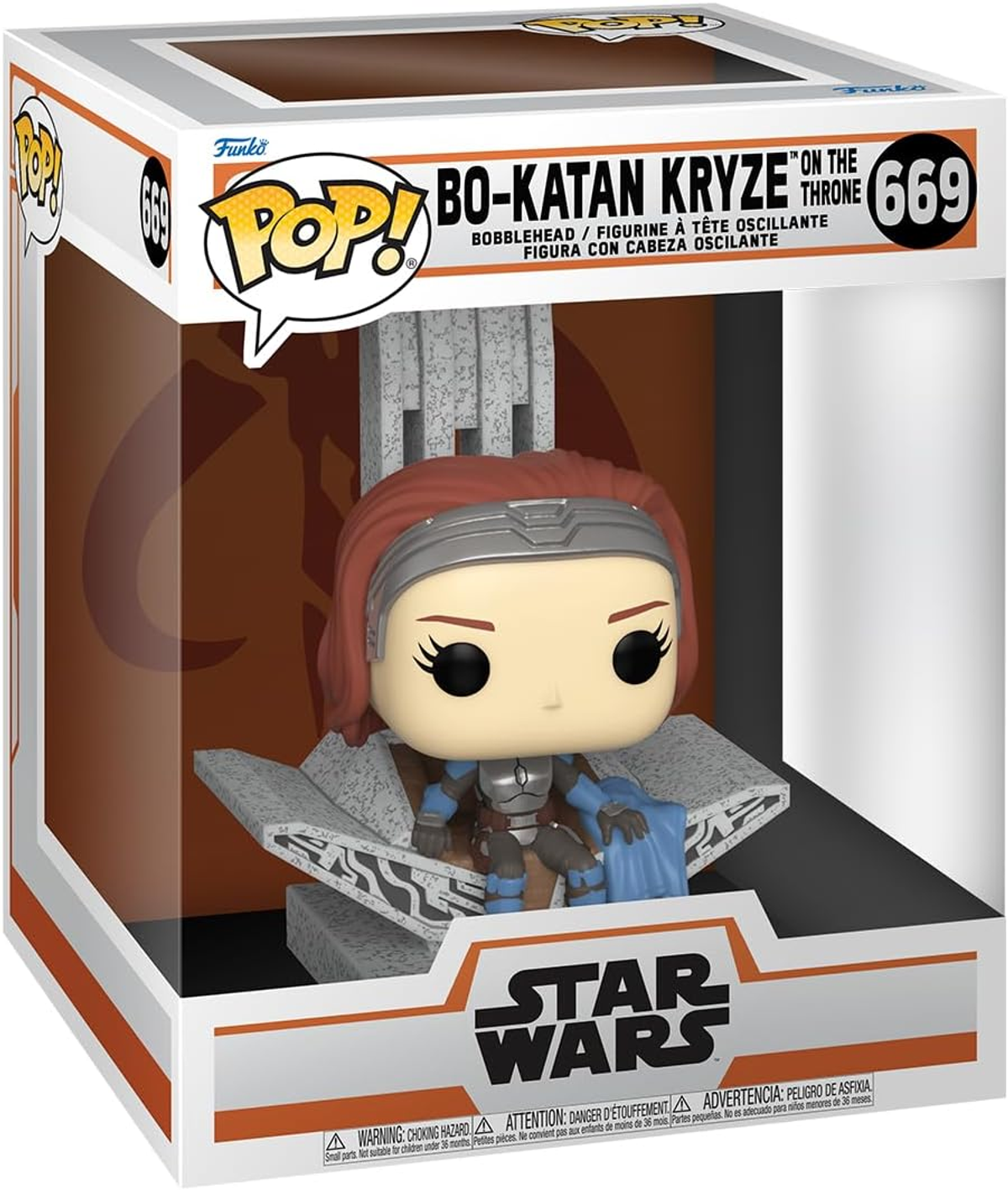 Funko Pop von Bo-Katan Kryze auf einem Thron, aus Star Wars. In einer Box mit Fenster.