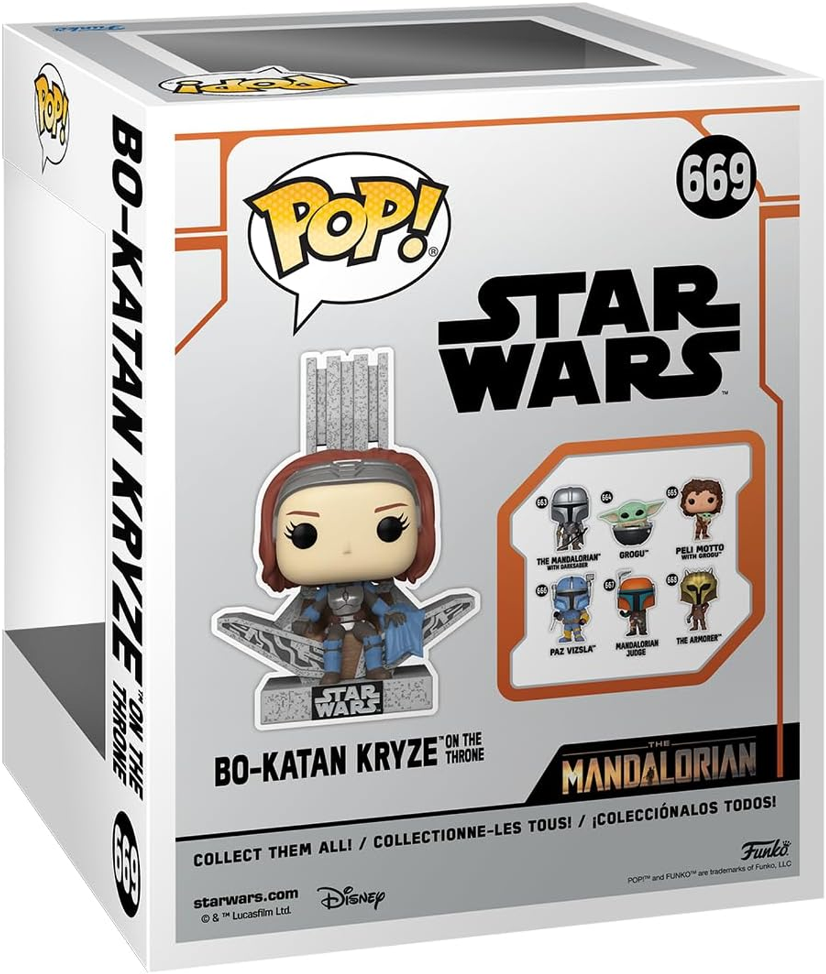 Eine Star Wars Funko Pop Box mit Bo-Katan Kryze auf dem Thron. Es ist eine weiße Box.
