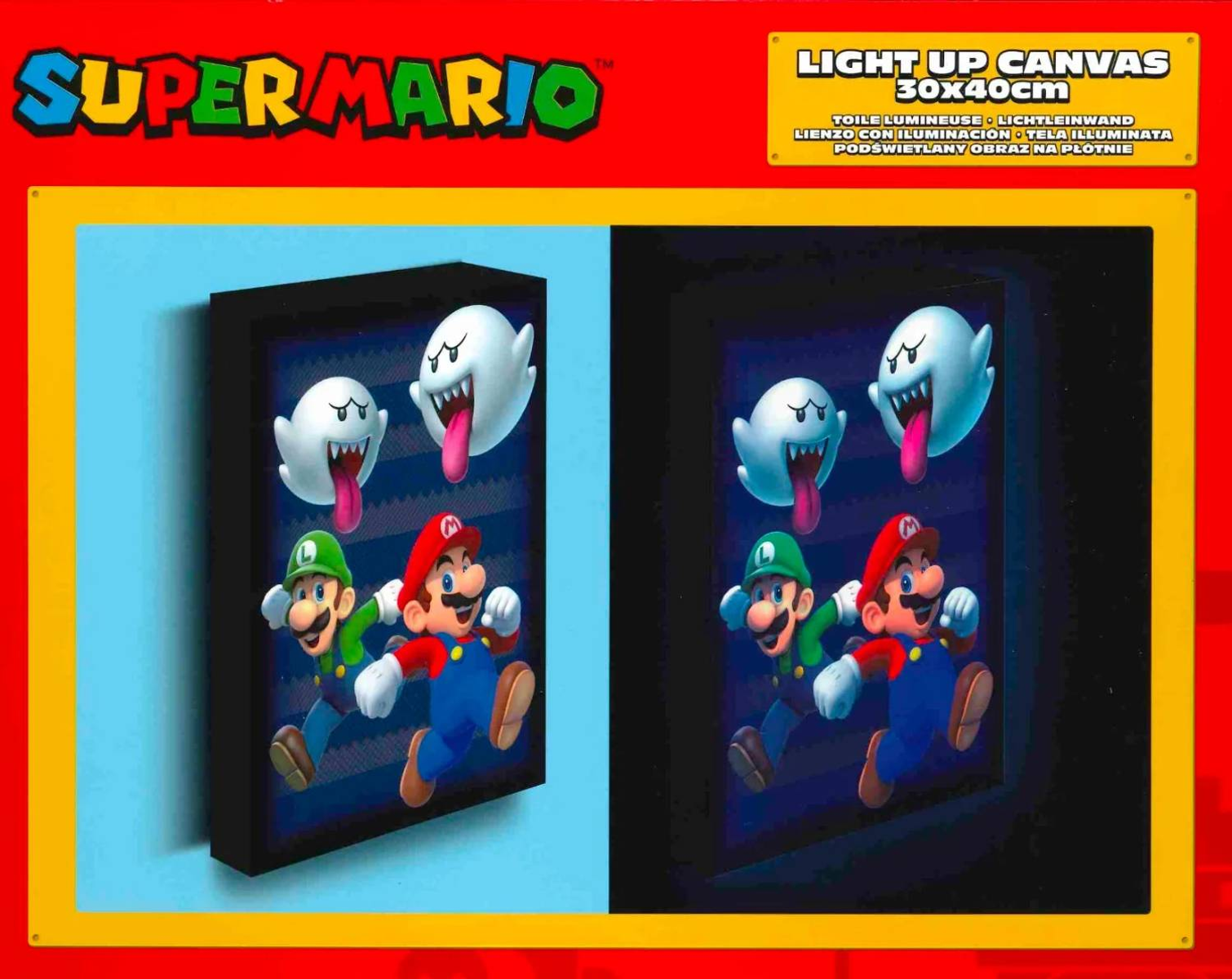 Lienzo iluminado de Super Mario. Mario y Luigi corren. Fantasmas blancos. Dos modos de iluminación.