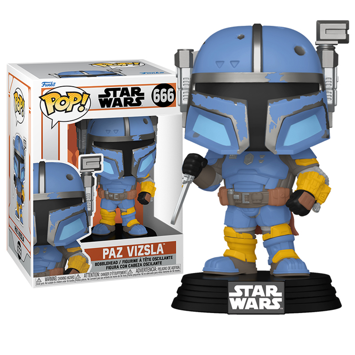 Een Funko Pop figuur van Paz Vizsla, een Star Wars personage, op een zwarte basis.