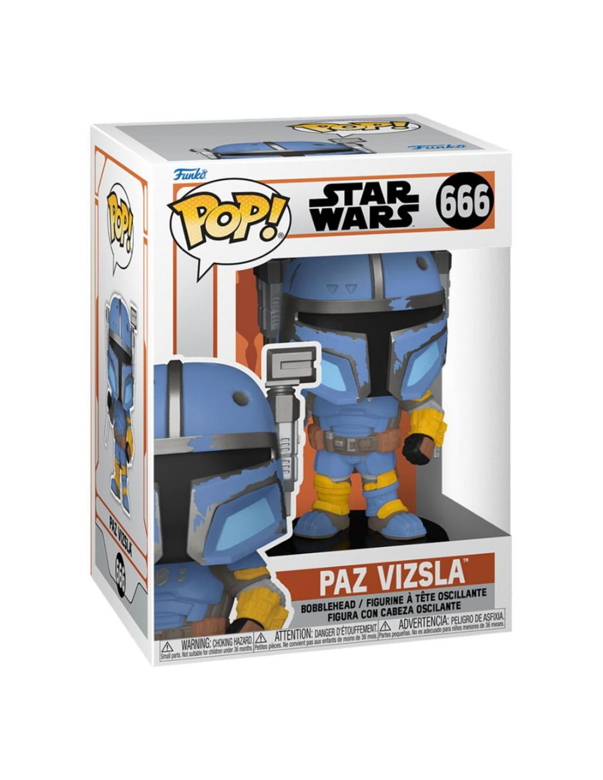 Een Funko Pop-doos met een Star Wars Paz Vizsla-figuur. De doos is wit en oranje.