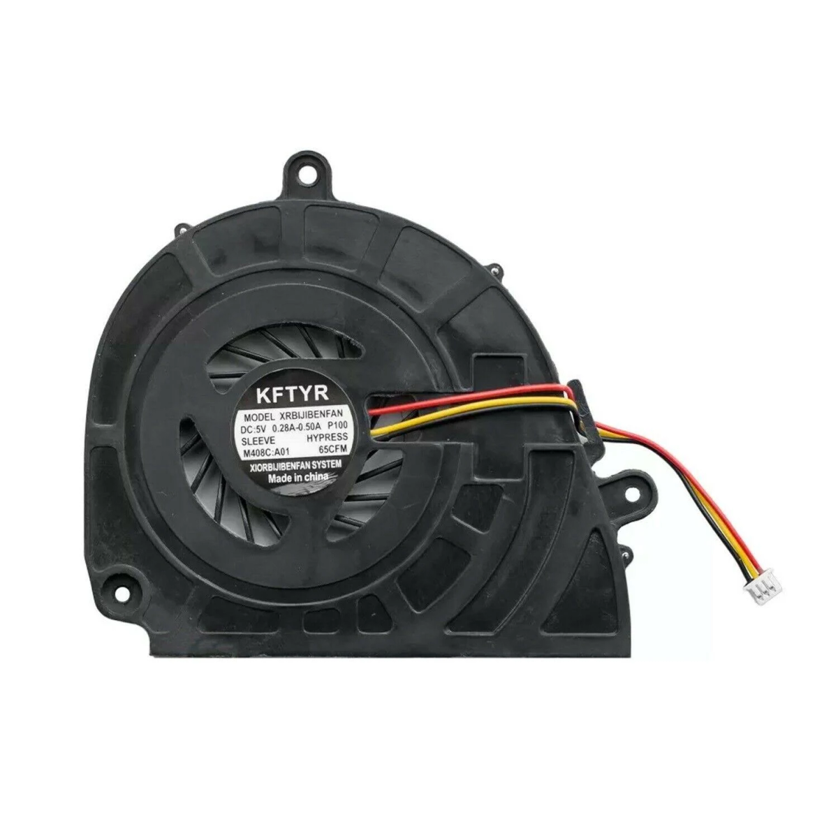 Ventilador de computadora con marco negro, cables y etiqueta, aislado sobre fondo blanco.