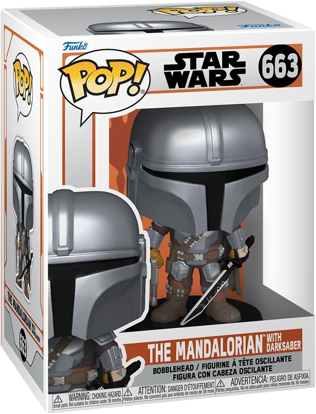 Una figura Funko Pop del Mandaloriano de Star Wars en una caja, con el Mandaloriano y el sable oscuro.