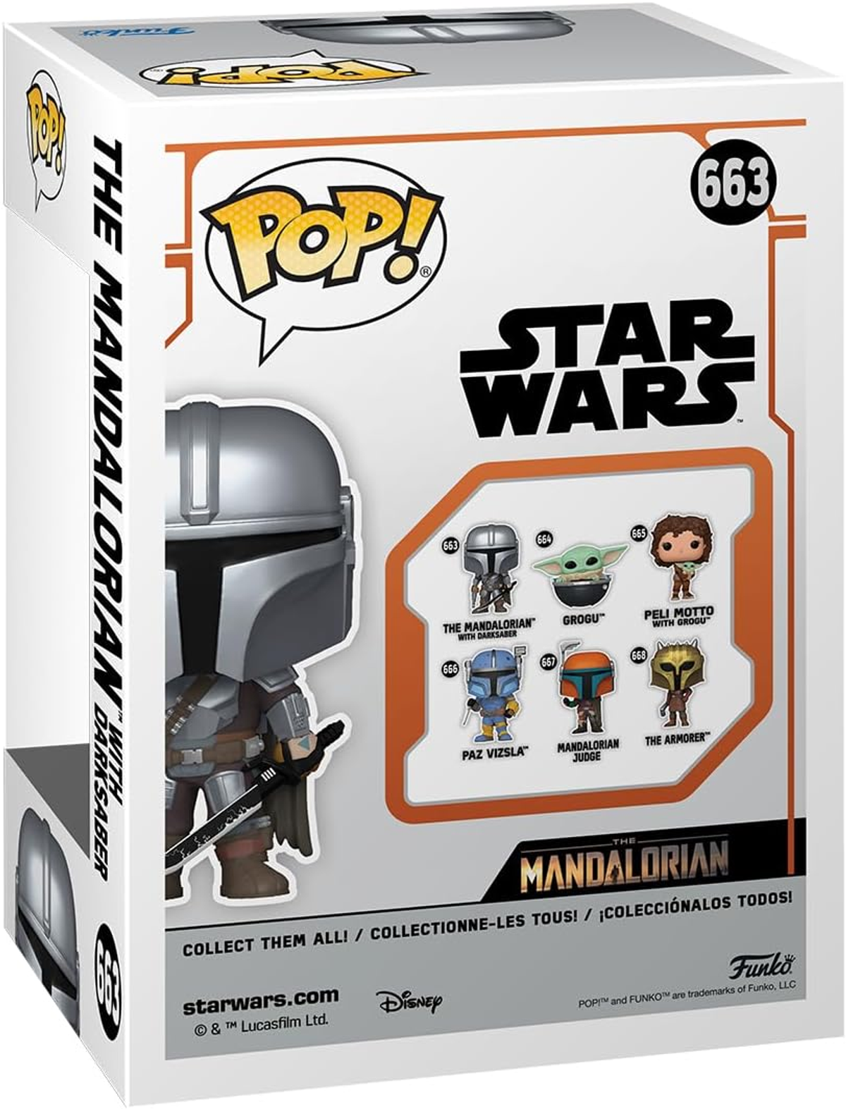 Caja Funko Pop de Star Wars Mandalorian. Presenta una figura de The Mandalorian con sable láser.