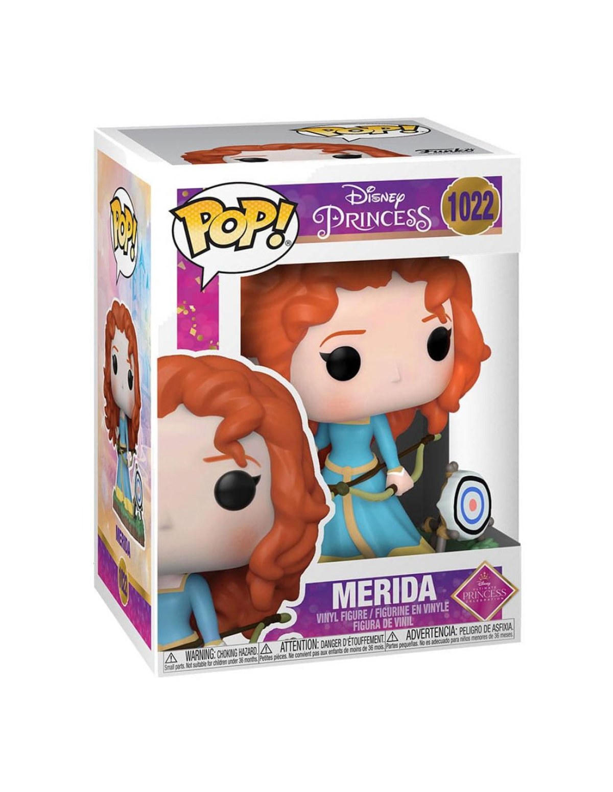 Figura de Merida Funko Pop en caja. Ella usa un vestido azul, sosteniendo un arco y flecha.