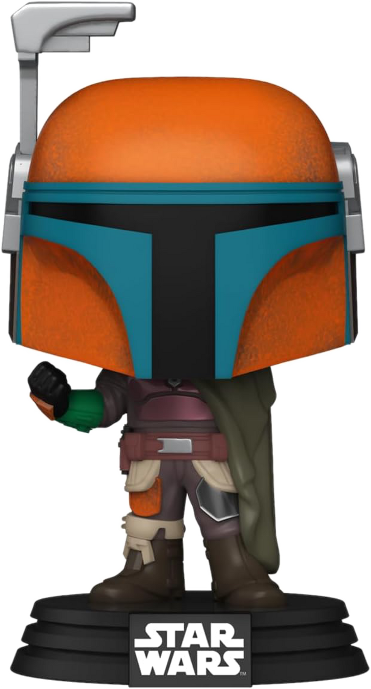Una statuetta Funko Pop di Mandalorian. Elmo arancione con accenti turchese, visiera nera. Base nera.