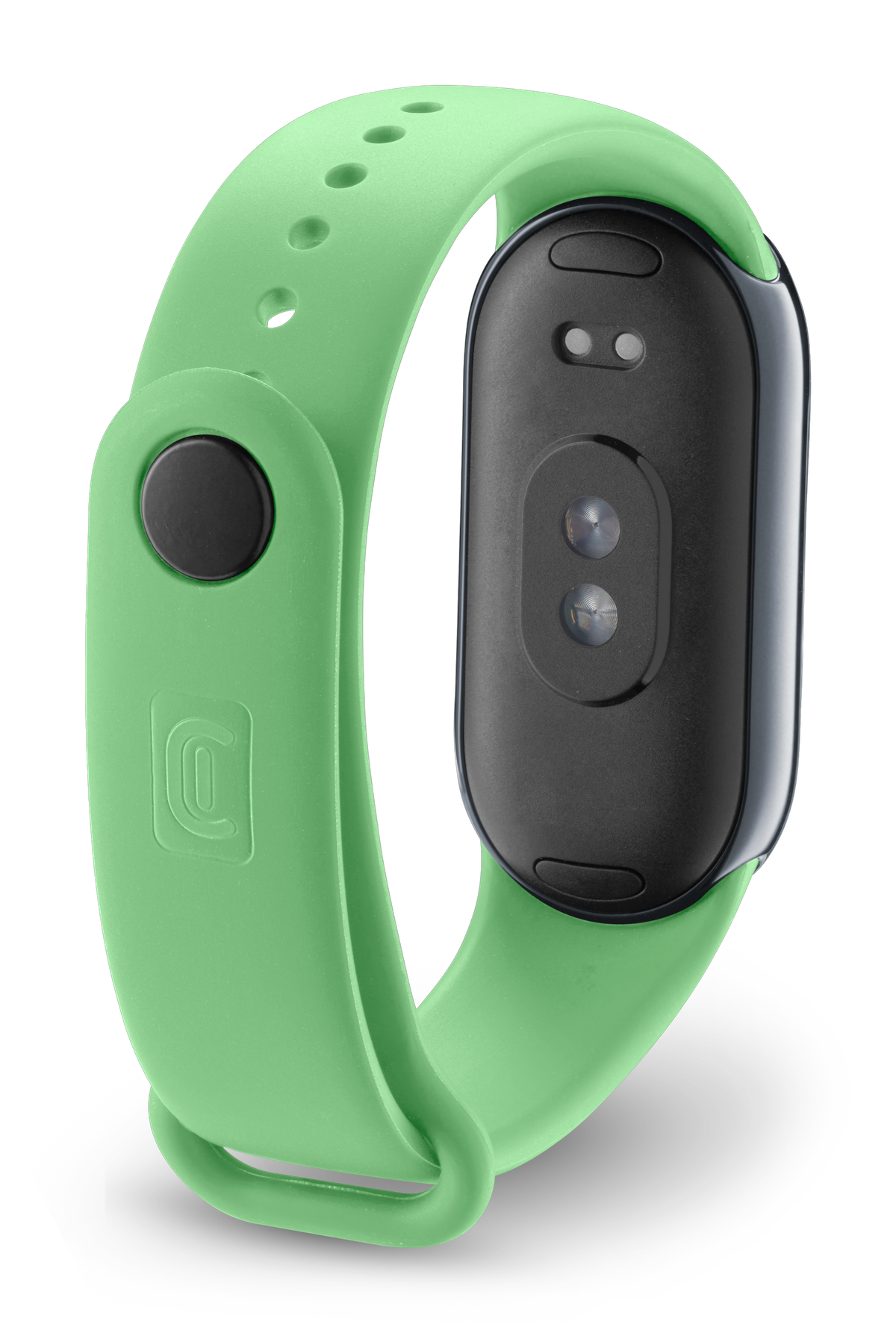 Banda verde de seguimiento de actividad física con sensor negro.