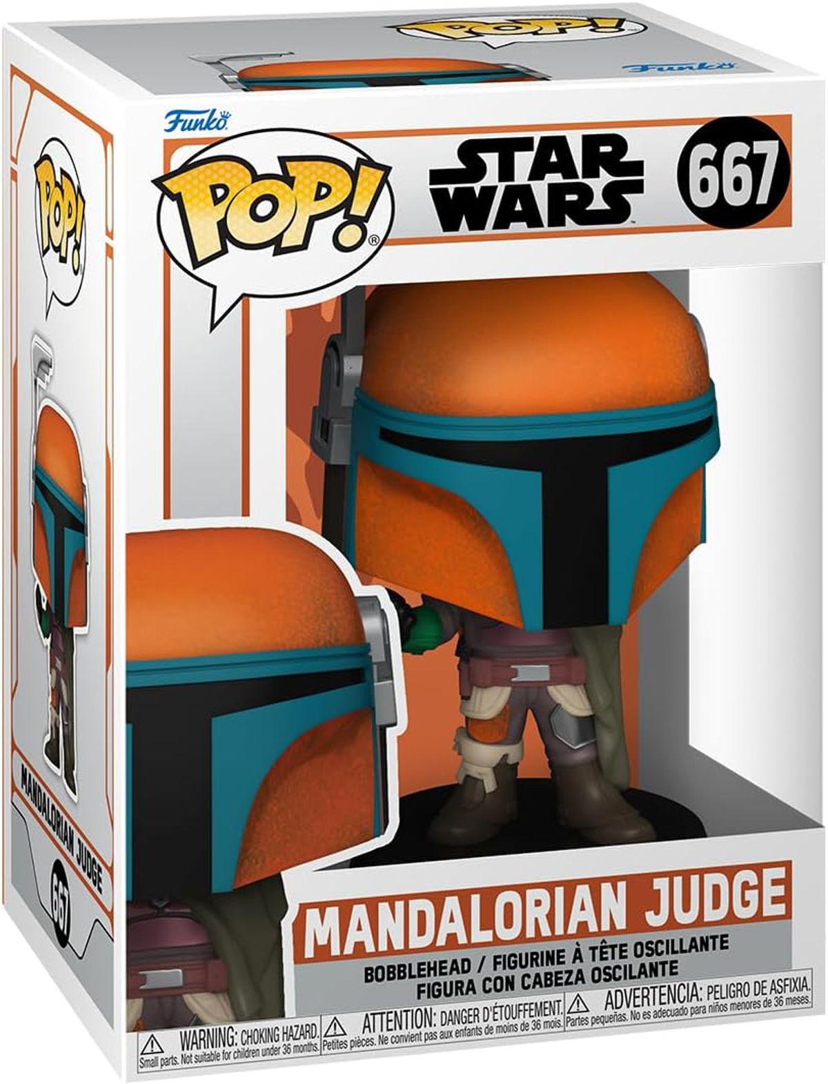 Figura di Mandalorian Judge Funko Pop in scatola. La figura ha un casco arancione, accenti blu e un blaster.