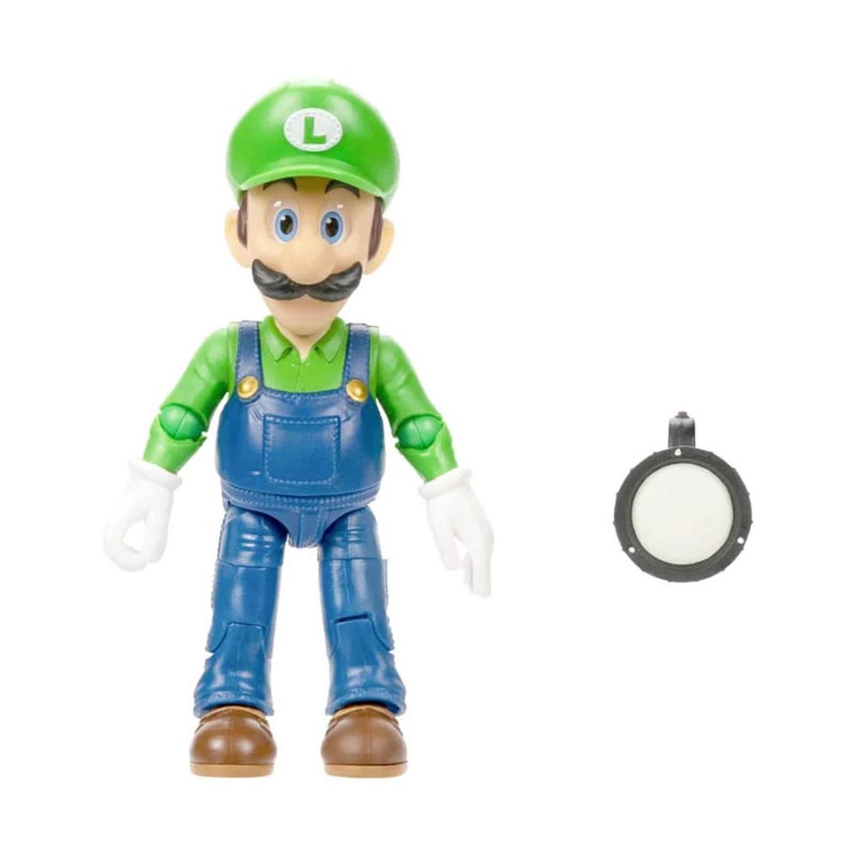 Figura de Luigi con gorro verde, overoles azules y fondo blanco, junto a un círculo blanco.