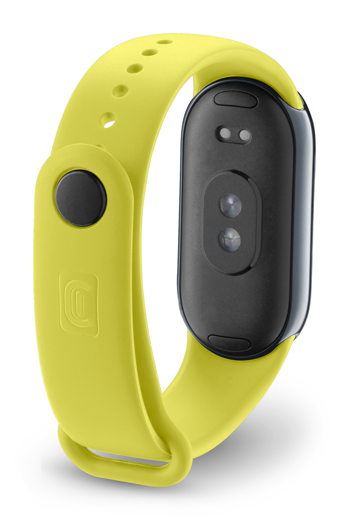 Correa y reloj inteligente amarillos. También se ven la pantalla negra y los detalles del sensor.
