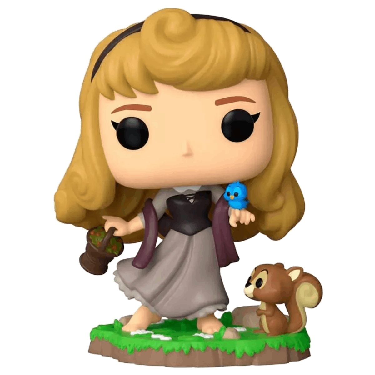 Figura Funko Pop de Aurora con un pájaro y una ardilla, sosteniendo una cesta.