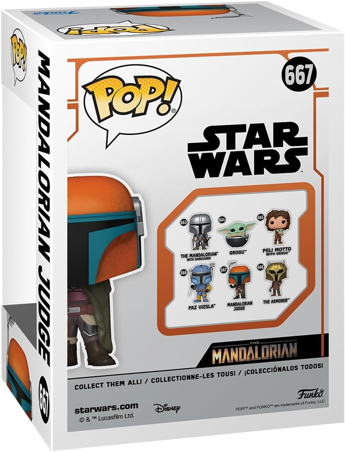 Retro di una scatola di Star Wars. Mostra la figura del Giudice Mandaloriano e altri personaggi.