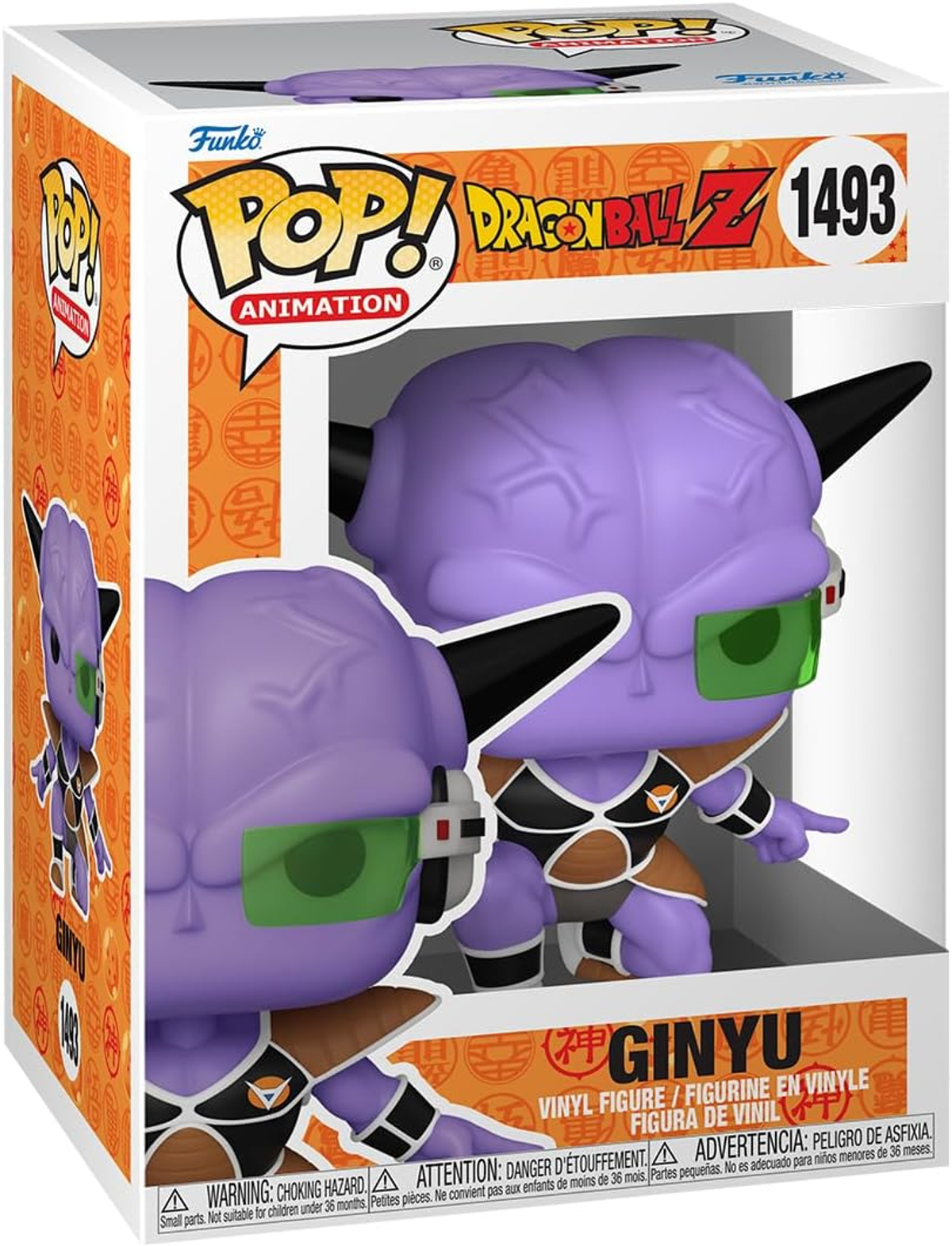 Ginyu Funko Pop Figur in Box, lila Figur mit grüner Brille.