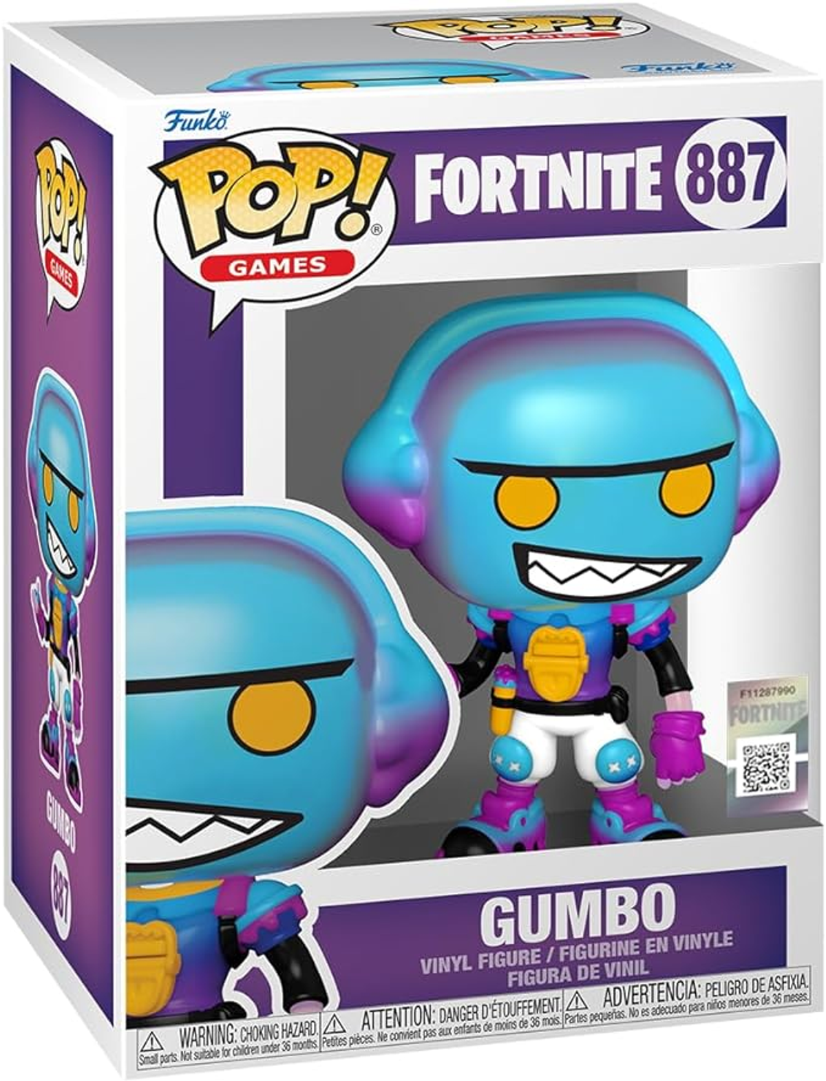 Funko Pop Figur von Fortnites Gumbo-Charakter in der Verpackung.