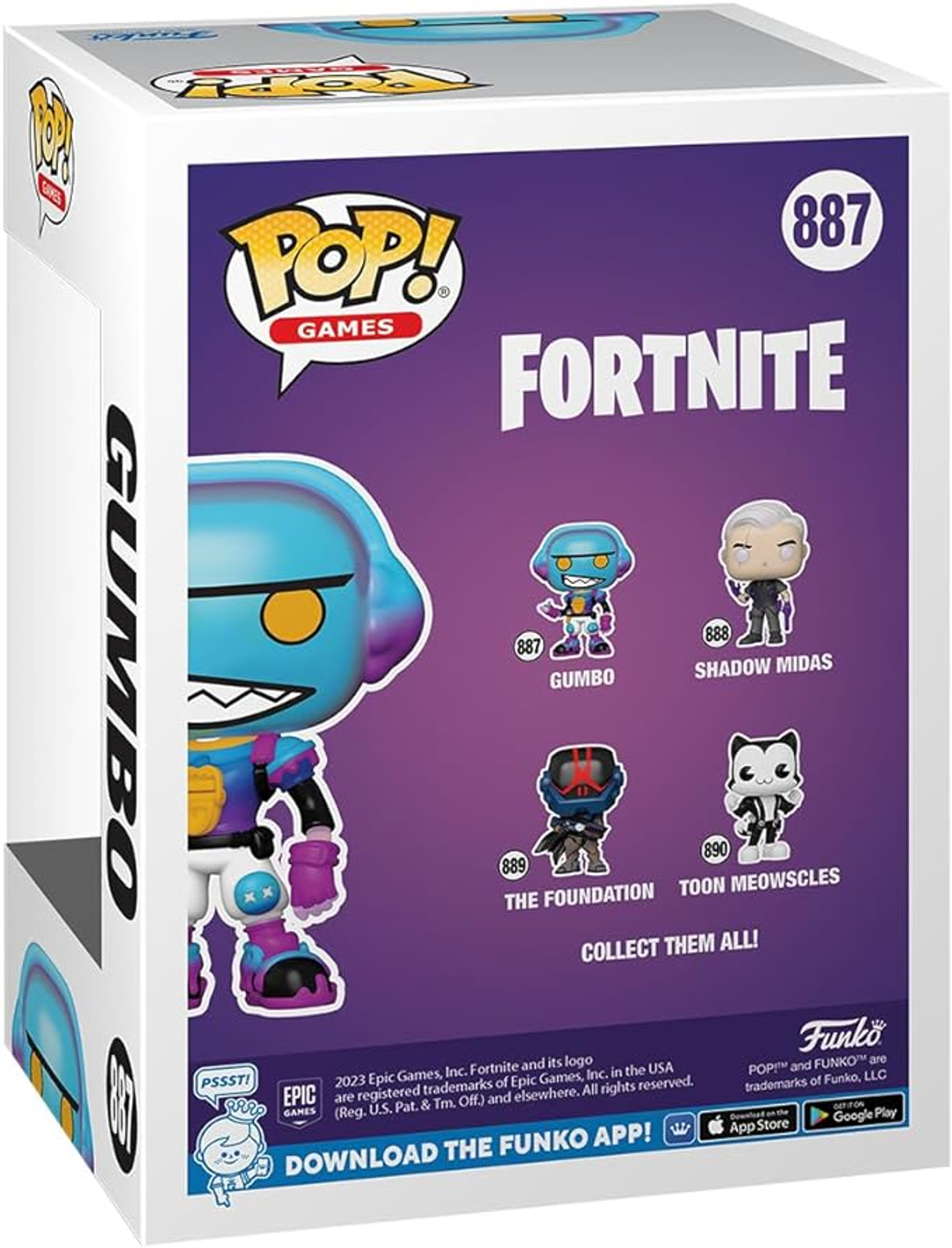 Rückseite einer Funko Pop-Box mit Fortnite-Charakteren. Die Box hat Charaktere und Text.
