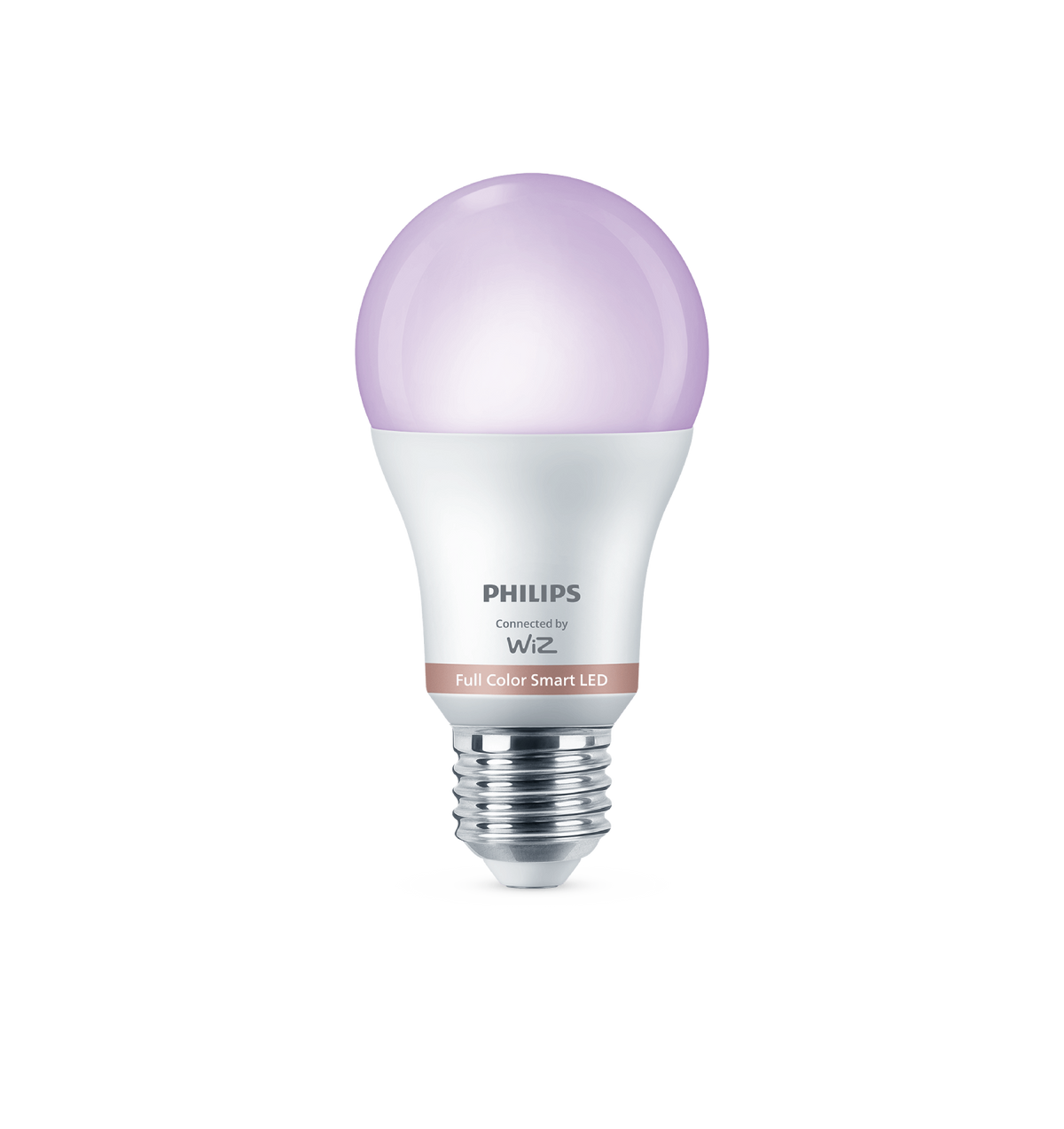 Żarówka LED Philips Wiz full color smart, świecąca na fioletowo, na czarnym tle.