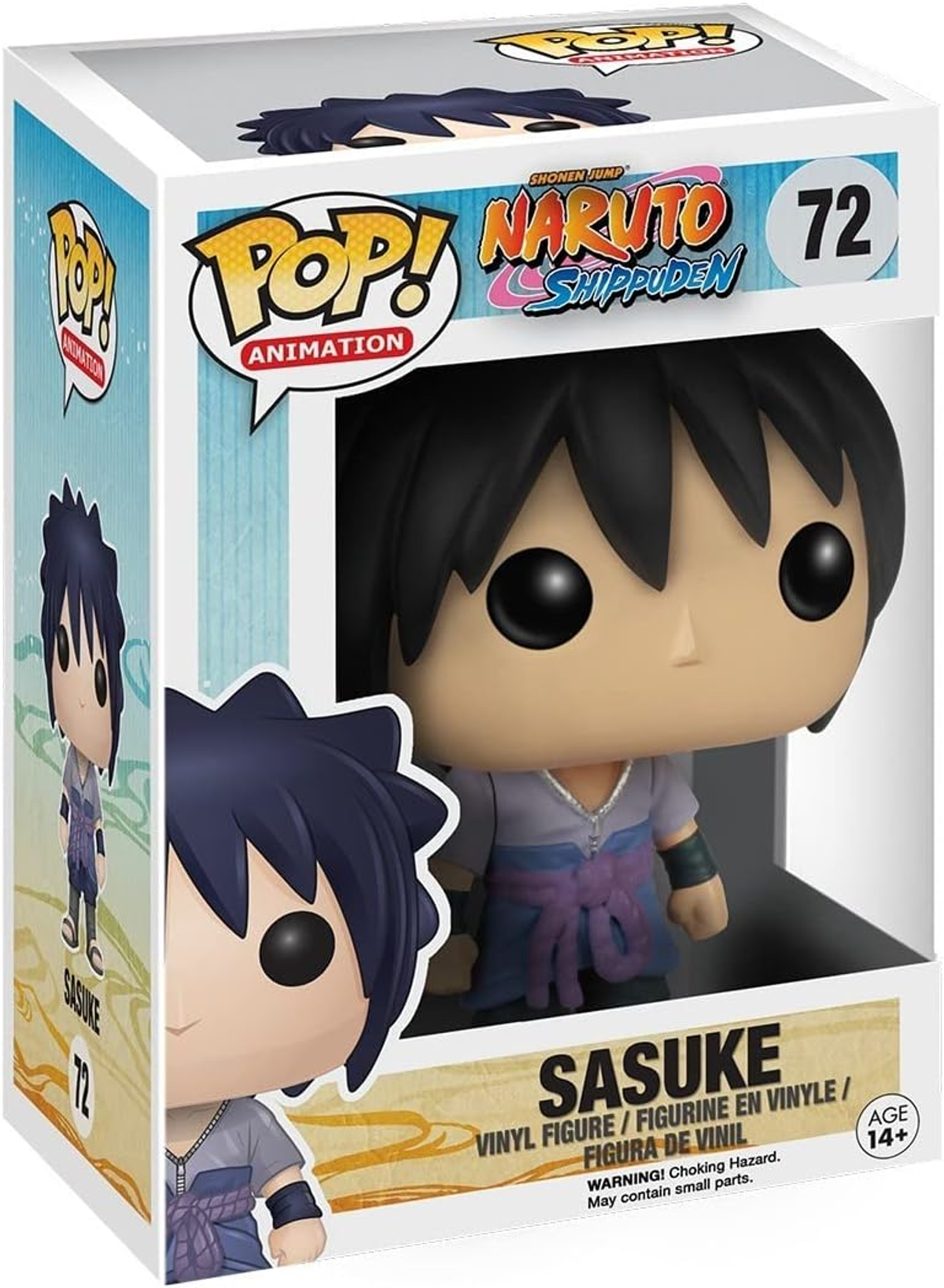 Funko Pop-Box. Zeigt eine Figur von Sasuke aus Naruto Shippuden.