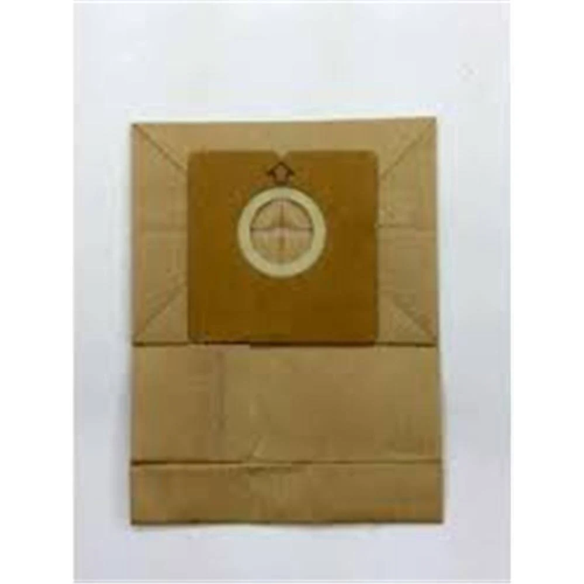 Bolsa de aspiradora marrón con una abertura redonda. Fondo beige.