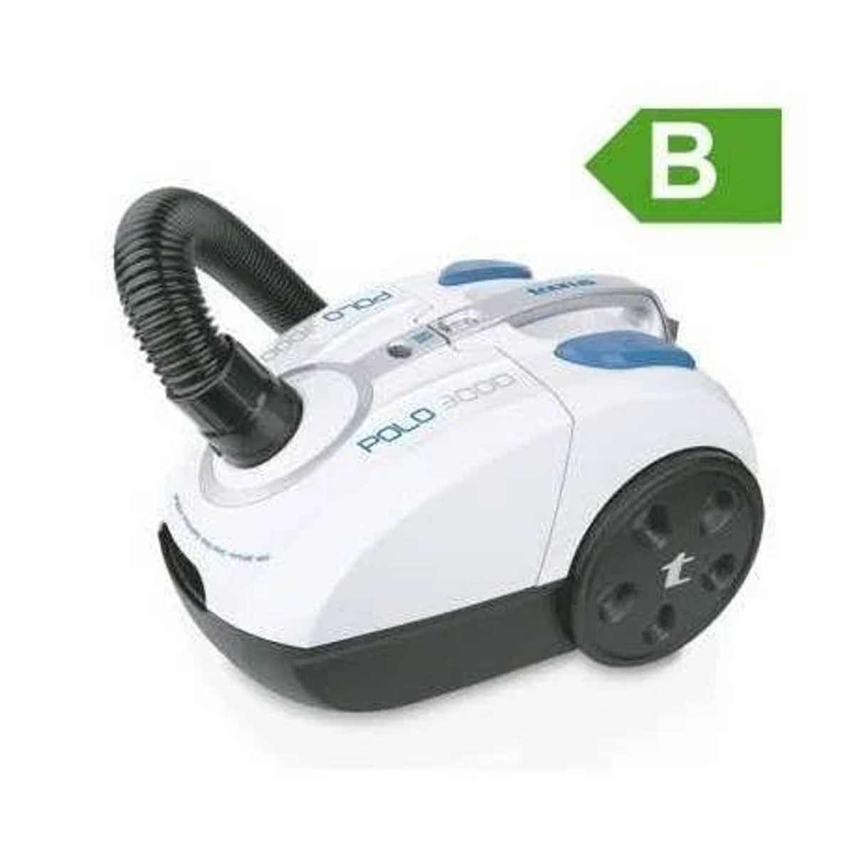 Aspiradora blanca con manguera y ruedas negras. Botones y asa azules. Etiqueta energética verde.