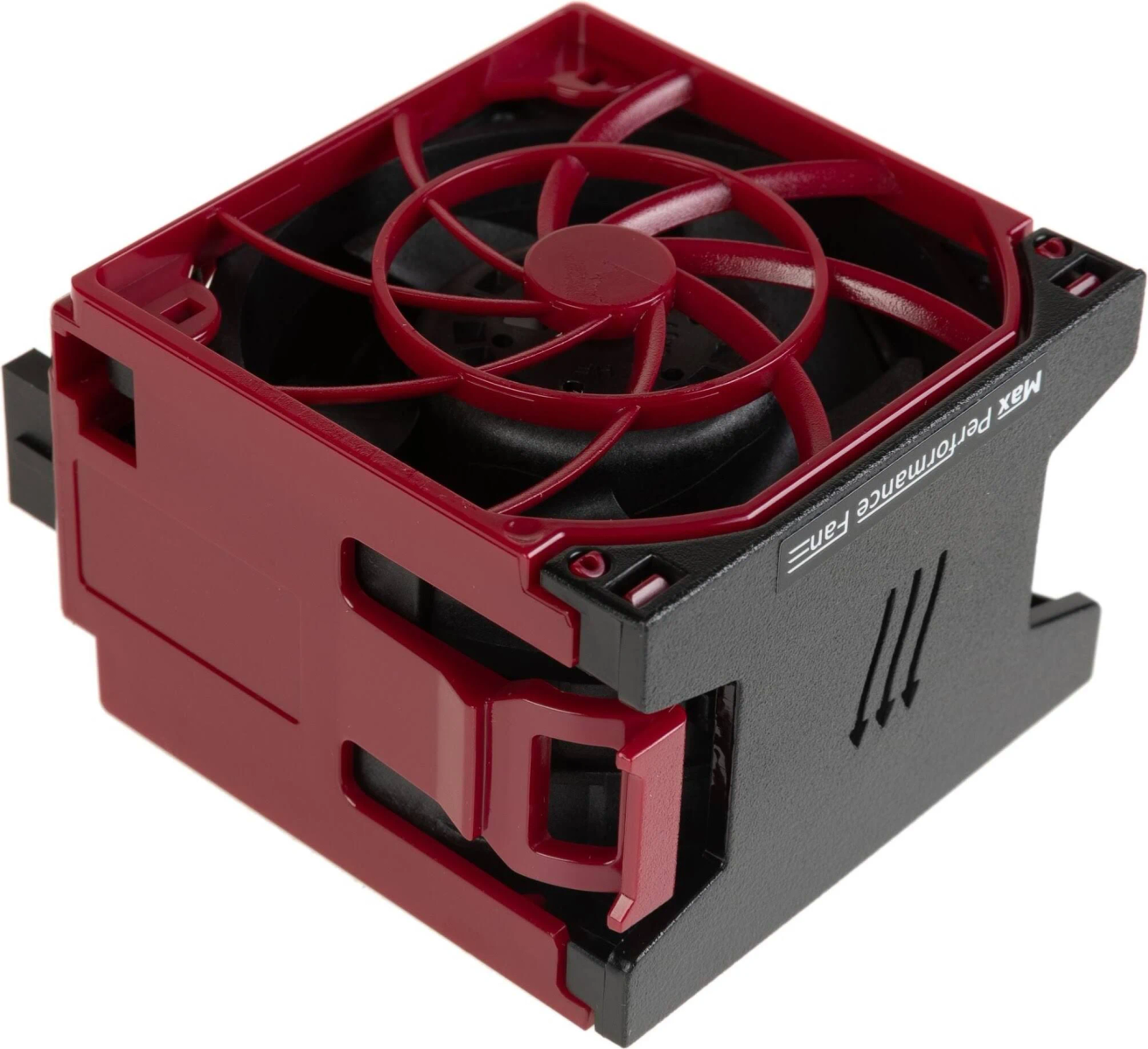 Ventilador de computadora rojo y negro con forma cuadrada.