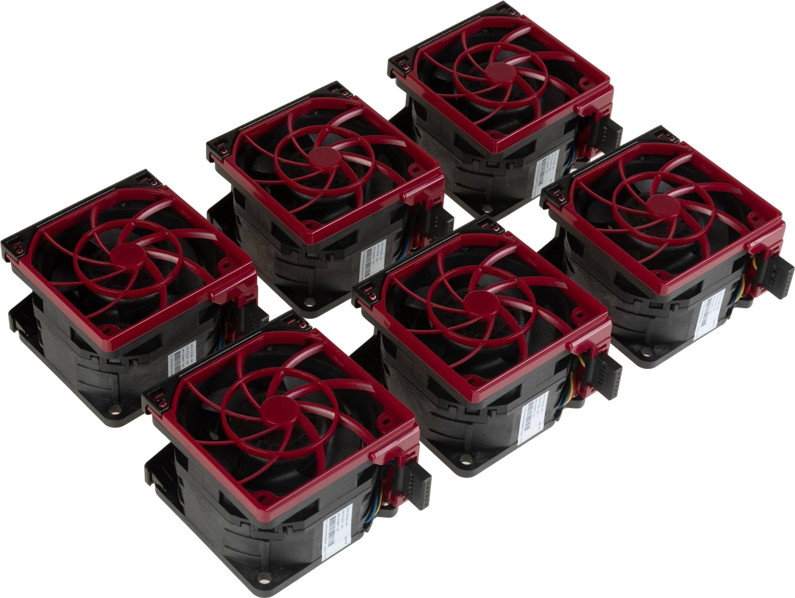 Seis ventiladores de computadora negros con aspas rojas sobre fondo blanco.