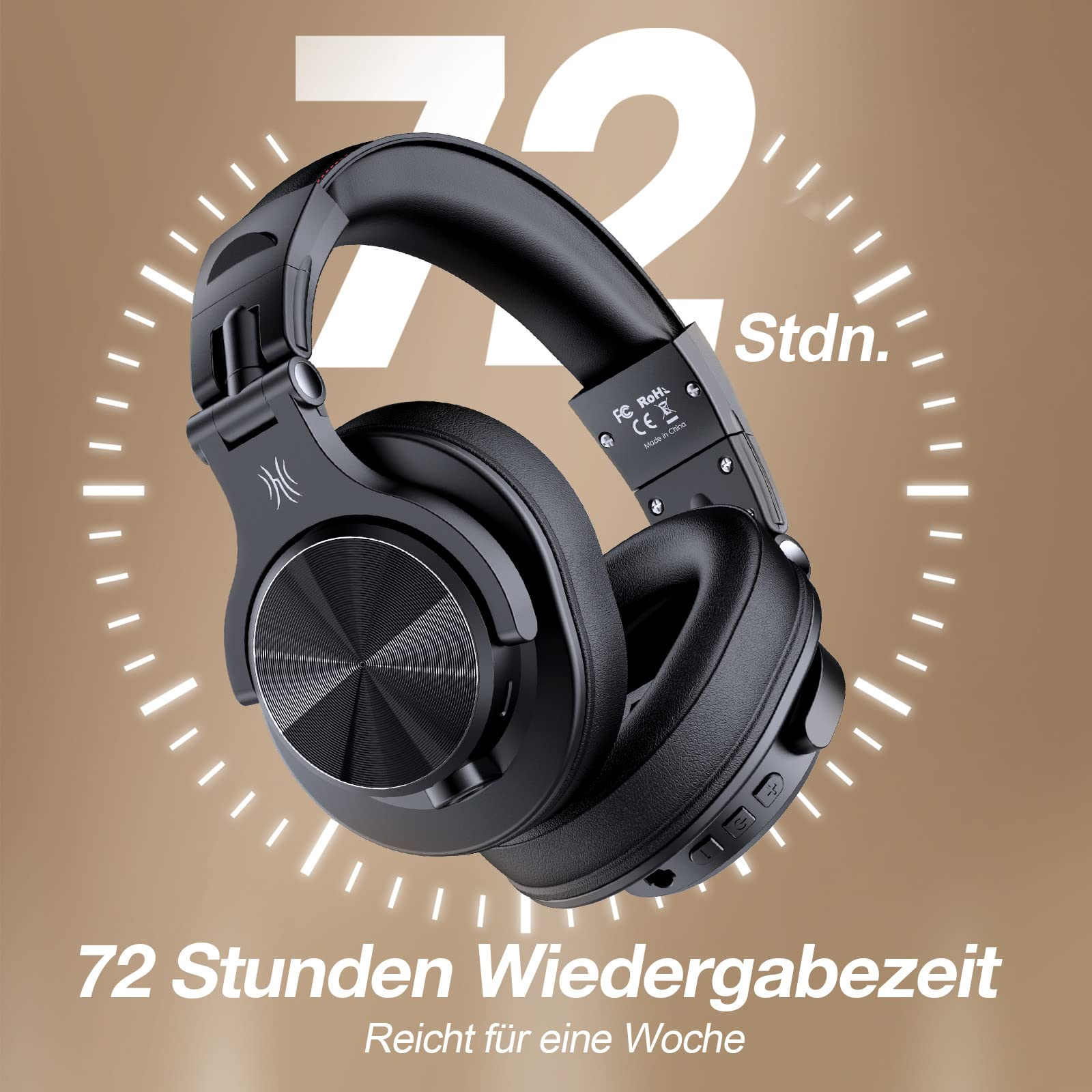 Schwarze Kopfhörer mit einem silbernen Kreis und Text sowie einem Display, das eine 72-Stunden-Wiedergabezeit anzeigt.