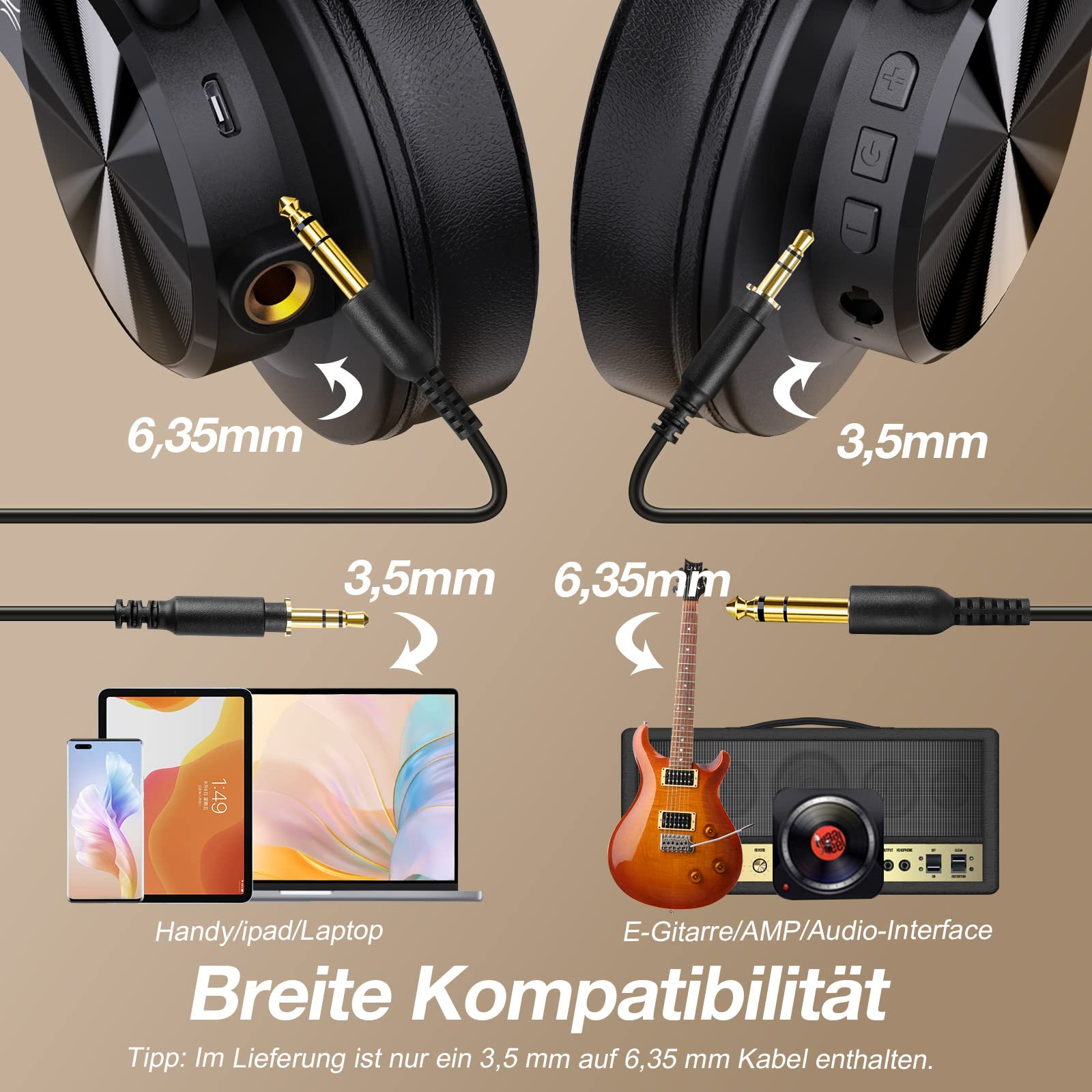 Kopfhörer mit zwei verschiedenen Klinkengrößen und einem Laptop und einer Gitarre sichtbar.