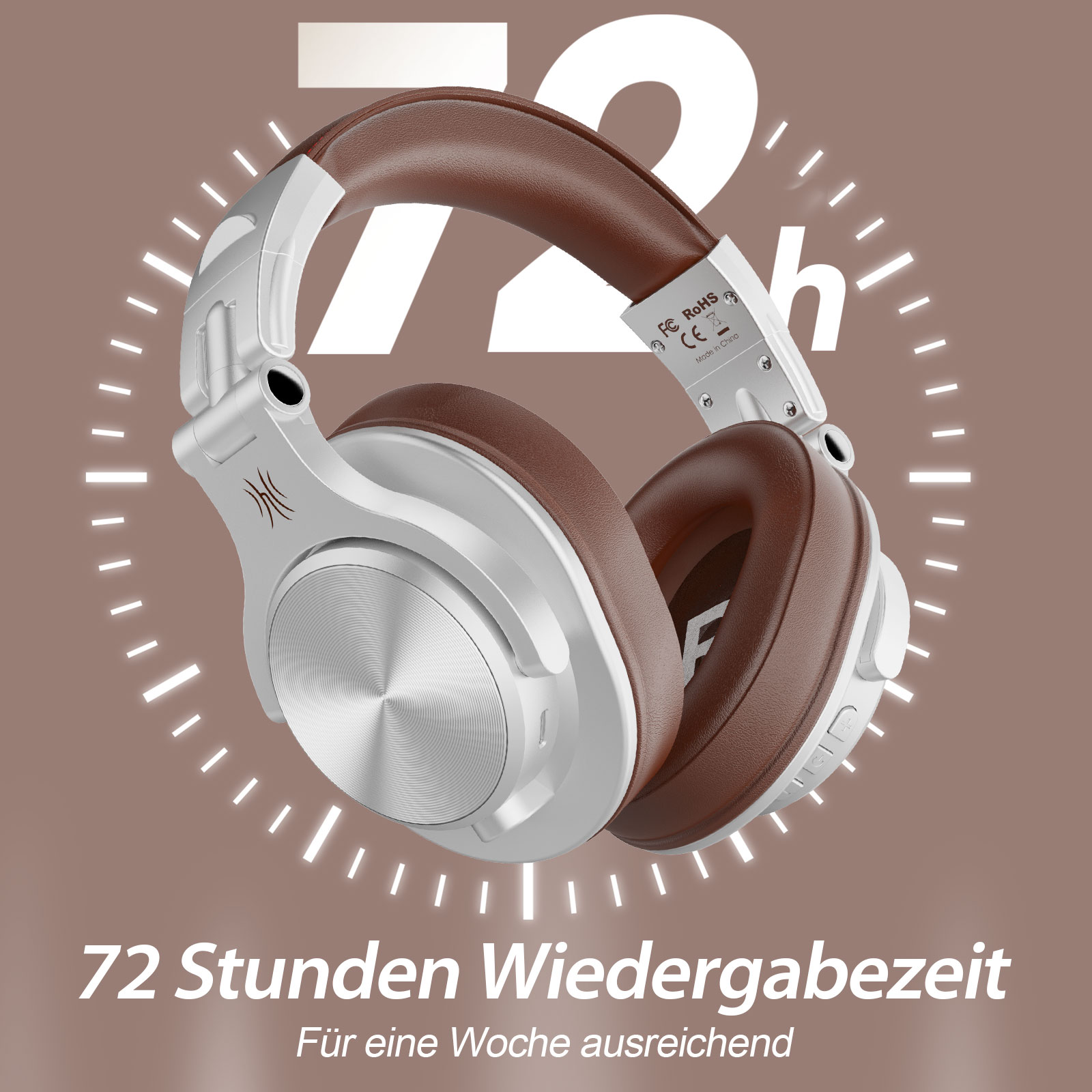 Silber-brauner Kopfhörer mit Zifferblatt, das 72 Stunden Wiedergabe zeigt.