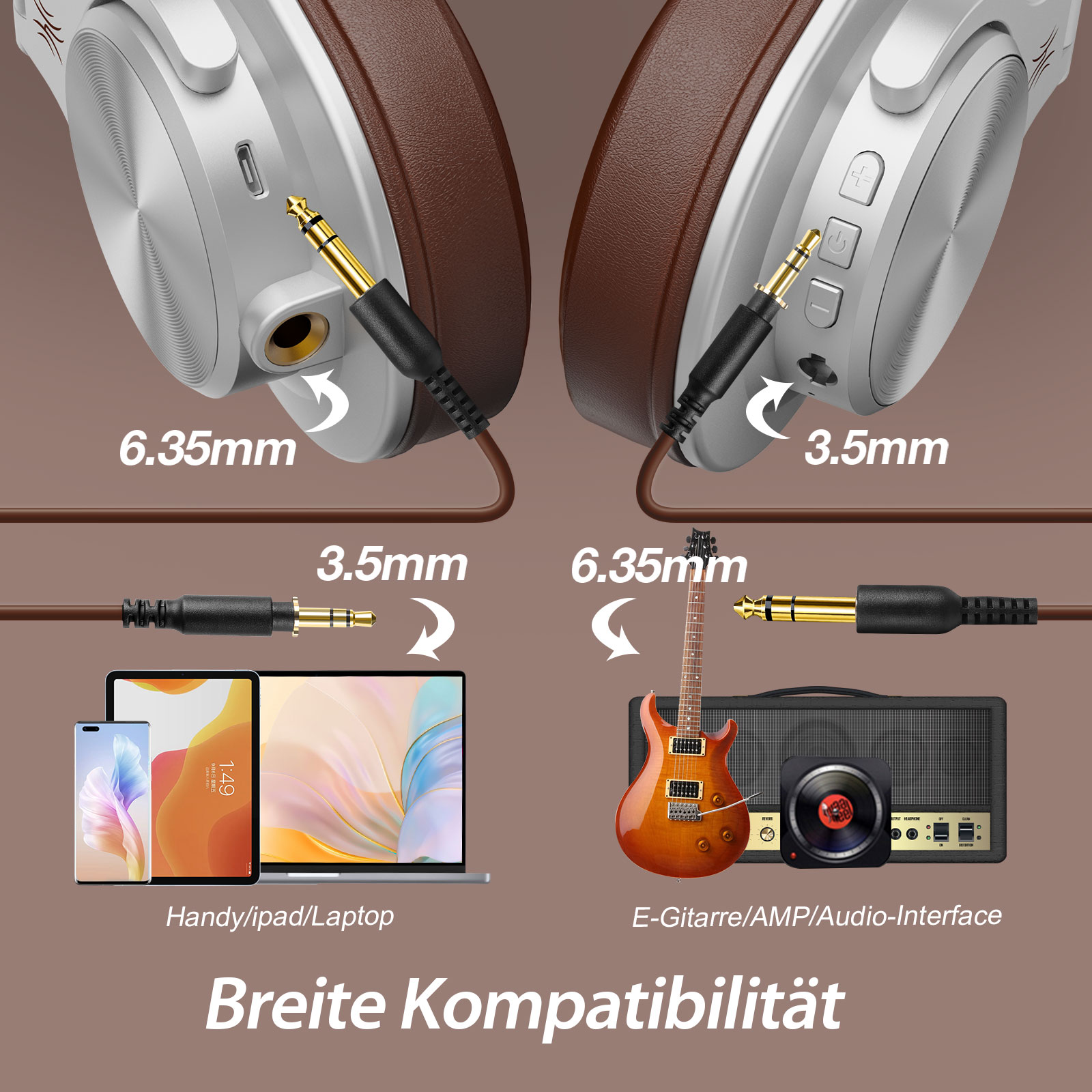 Kopfhörer mit zwei Audioanschlüssen. Ein Laptop, Tablet, Gitarre und Verstärker werden auch gezeigt.
