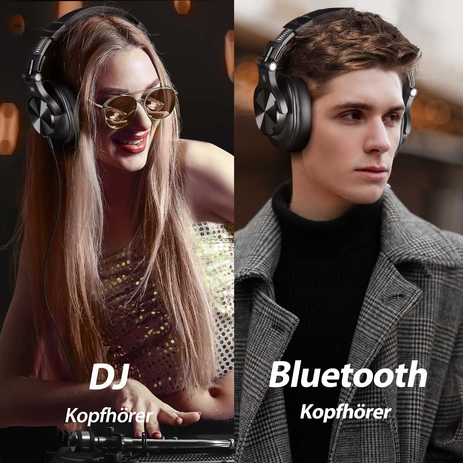 Zwei Personen mit Kopfhörern, einer legt auf, der andere hört Bluetooth.