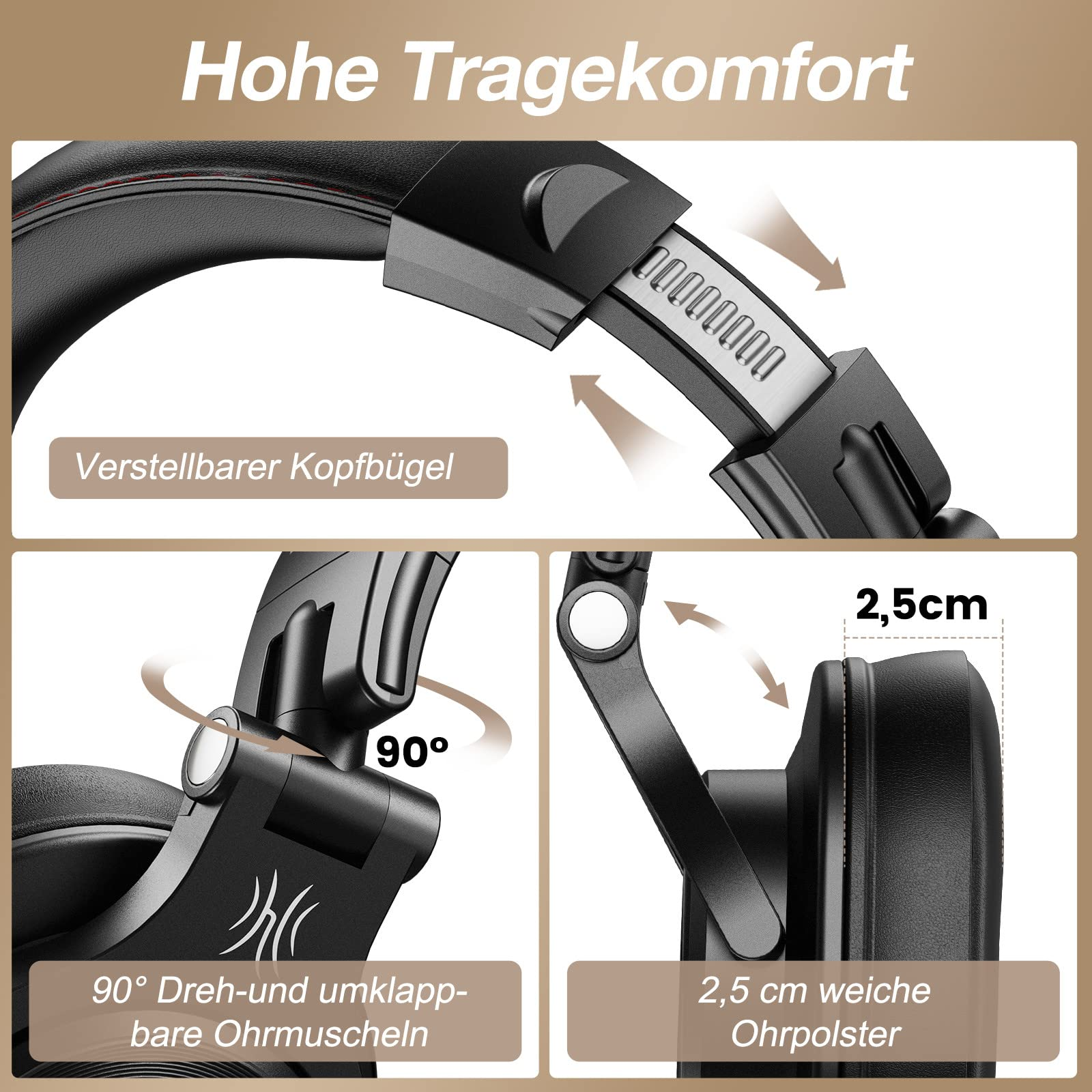 Schwarze Kopfhörer mit verstellbarem Kopfbügel. Ohrmuscheln drehen sich und haben weiche Polster.