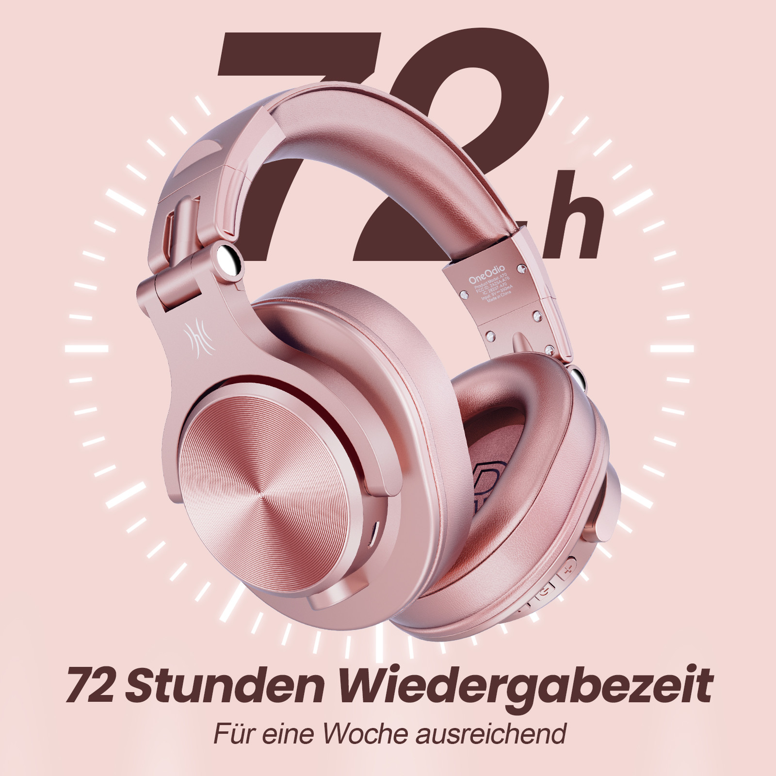 Roségoldene Kopfhörer mit Text. Der Text lautet 72 Stunden Wiedergabe.