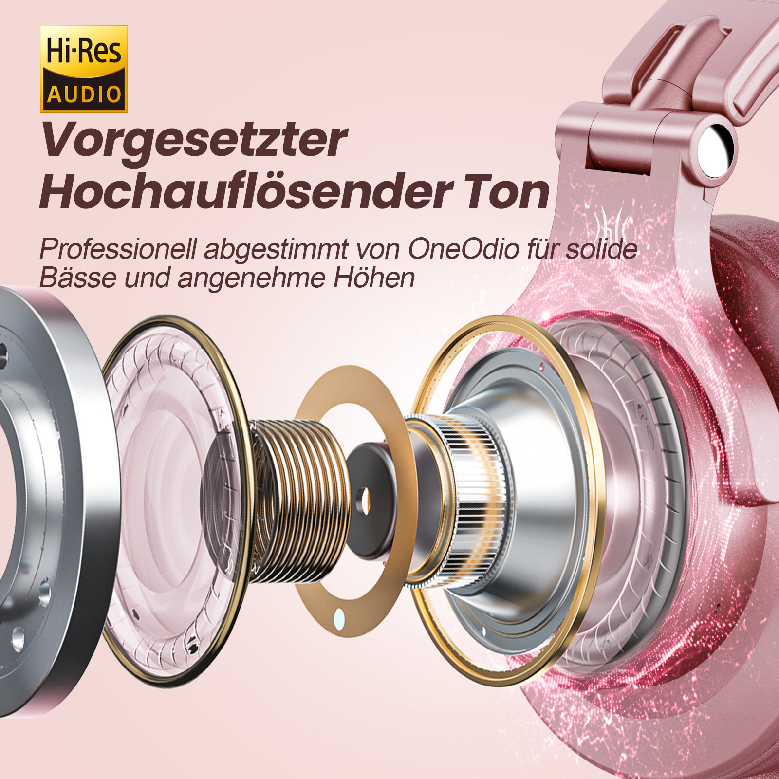 Roségoldene Kopfhörer mit freiliegenden Innenteilen, Hi-Res Audio Logo und Text.