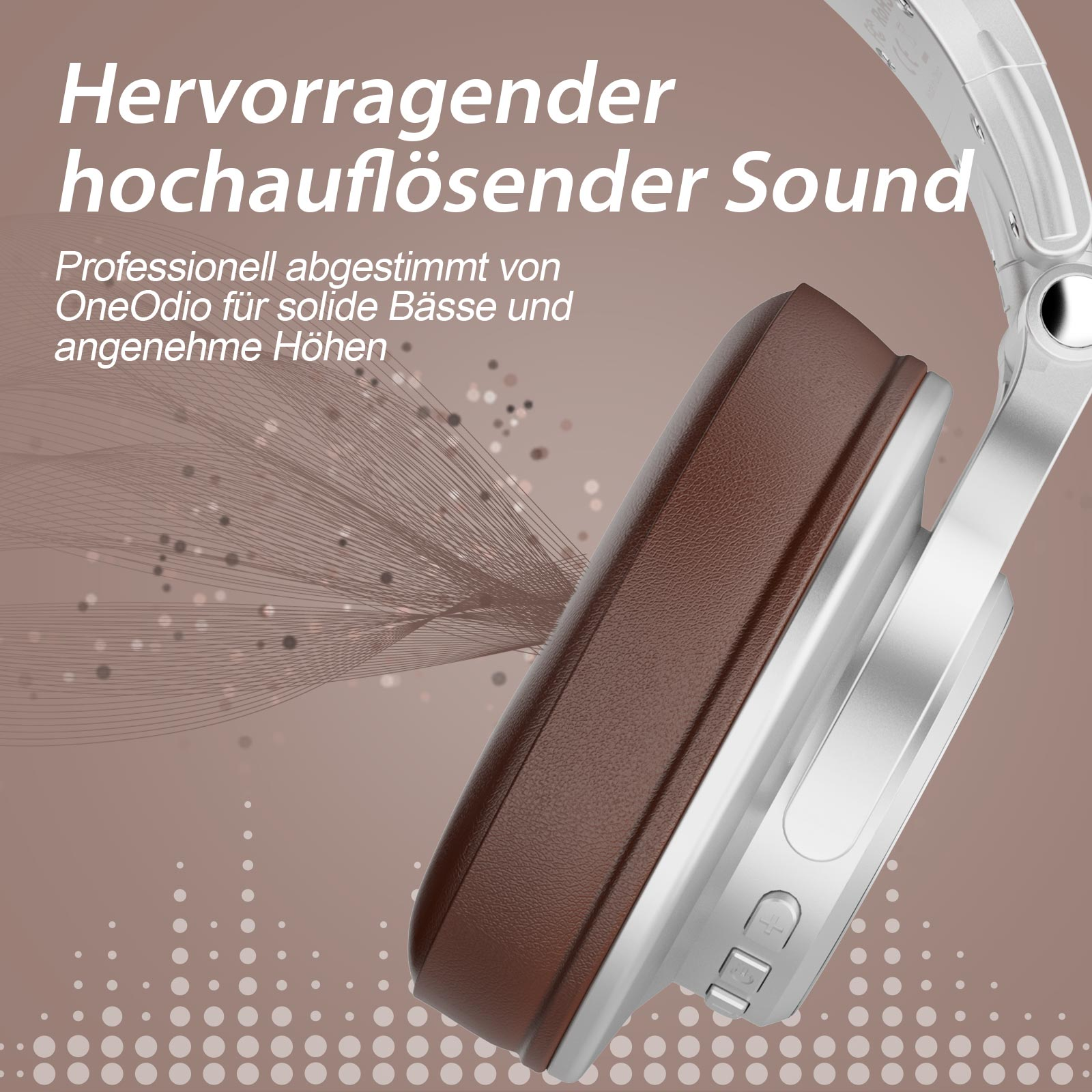 Ein Kopfhörerpaar mit braunen Ohrmuscheln, mit einer Grafik, die Schallwellen zeigt.