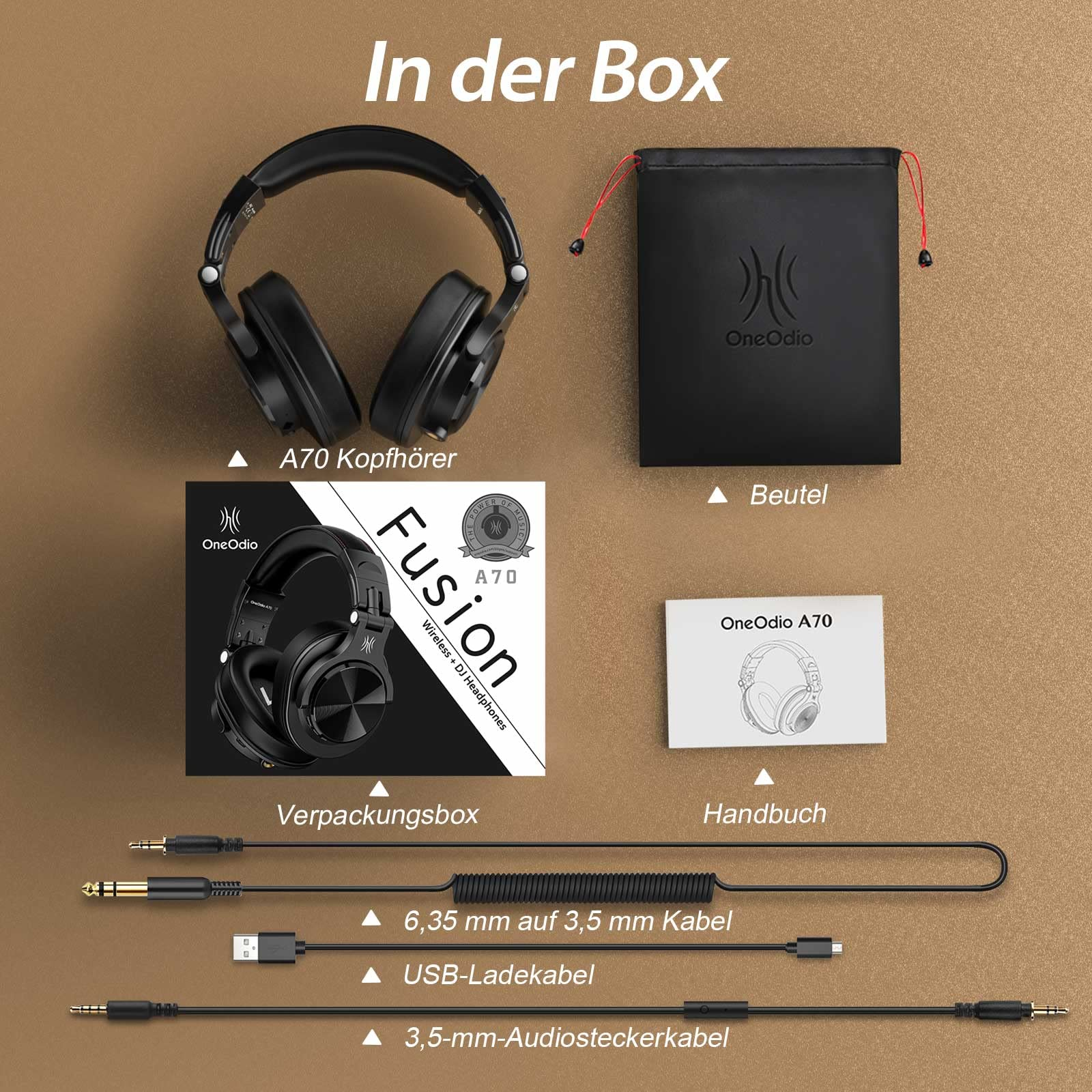 Schwarze Kopfhörer, Kabel, Schachtel und Beutel liegen auf einer beigen Oberfläche. Text auf Deutsch.
