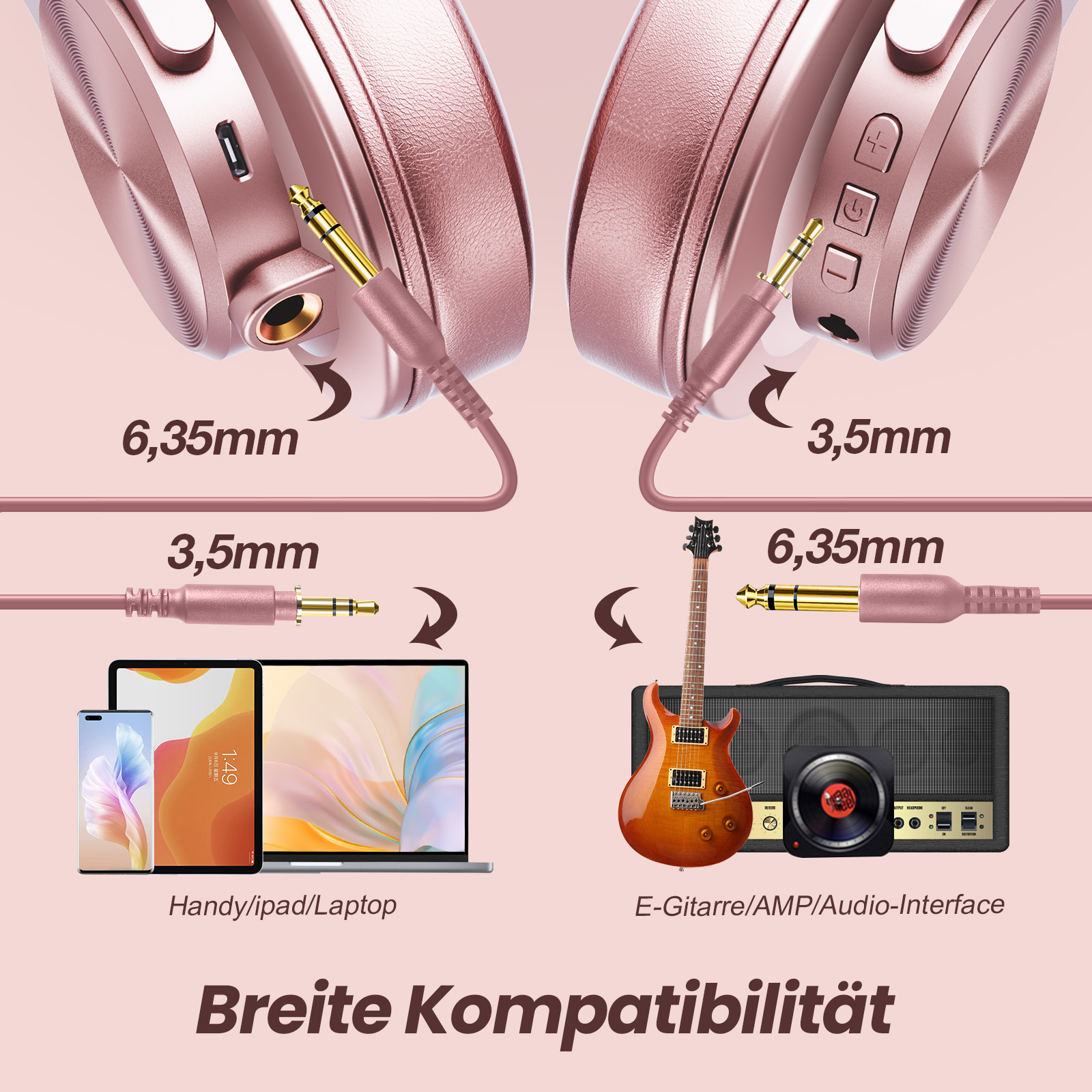 Kopfhörer mit 6,35 mm und 3,5 mm Anschlüssen und Telefon sowie Gitarre mit passenden Eingängen.