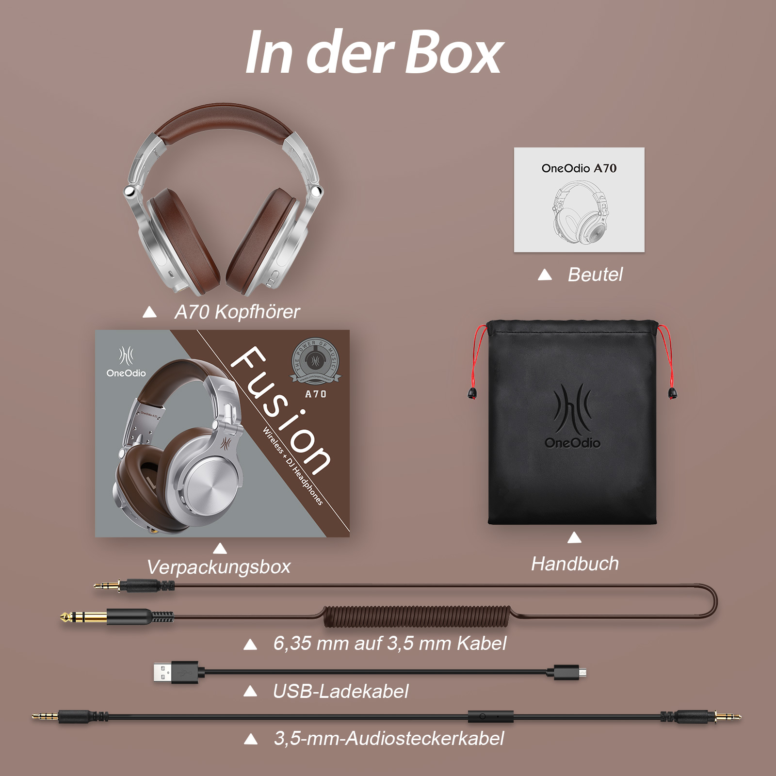 Eine Explosionsansicht von Kopfhörern, einer Box, Kabeln und einer Tragetasche.