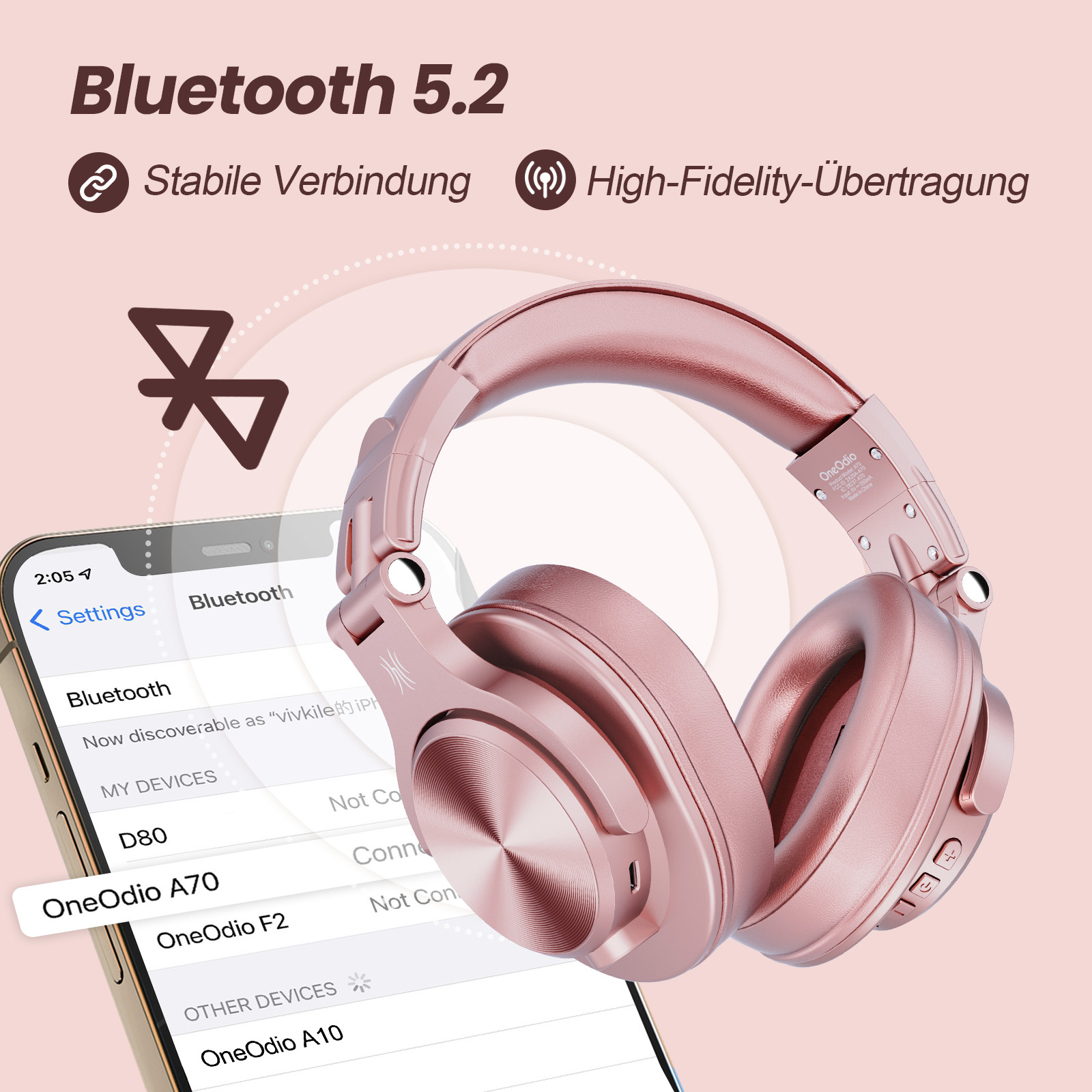 Roségoldene Kopfhörer und ein Telefon, das Bluetooth-Einstellungen anzeigt. Kabellose Kopfhörer und Telefon im Blick.