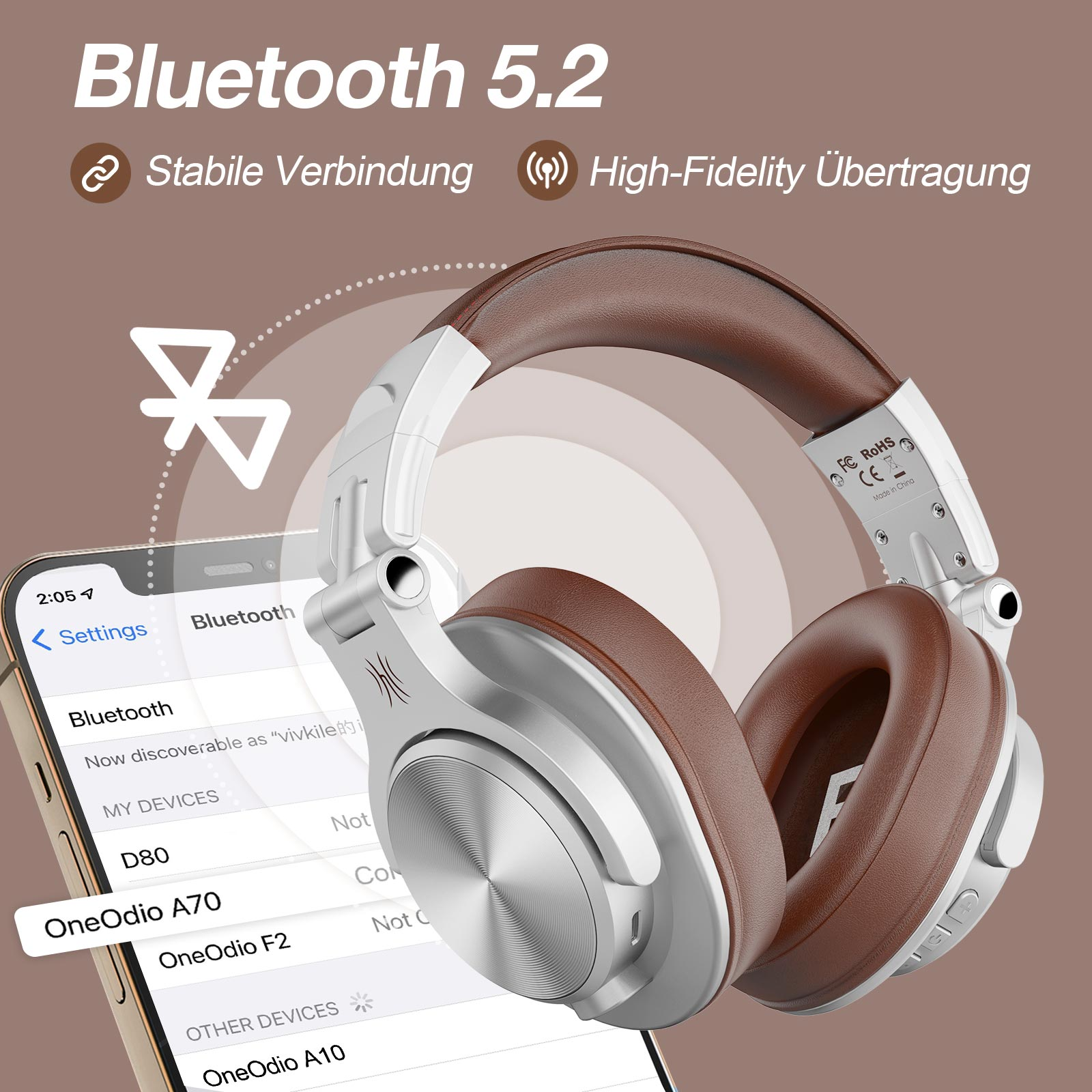 Kopfhörer auf einem Tisch. Bluetooth 5.2, stabile Verbindung und High-Fidelity-Übertragung sind beschriftet.