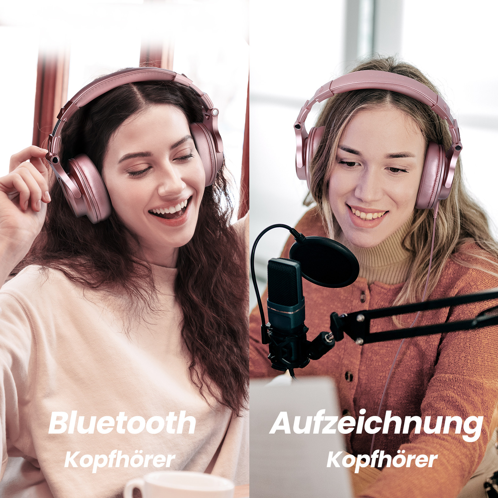 Zwei Frauen mit rosa Kopfhörern, eine nimmt auf, die andere hört zu. Der Text lautet Bluetooth und Aufnahme.