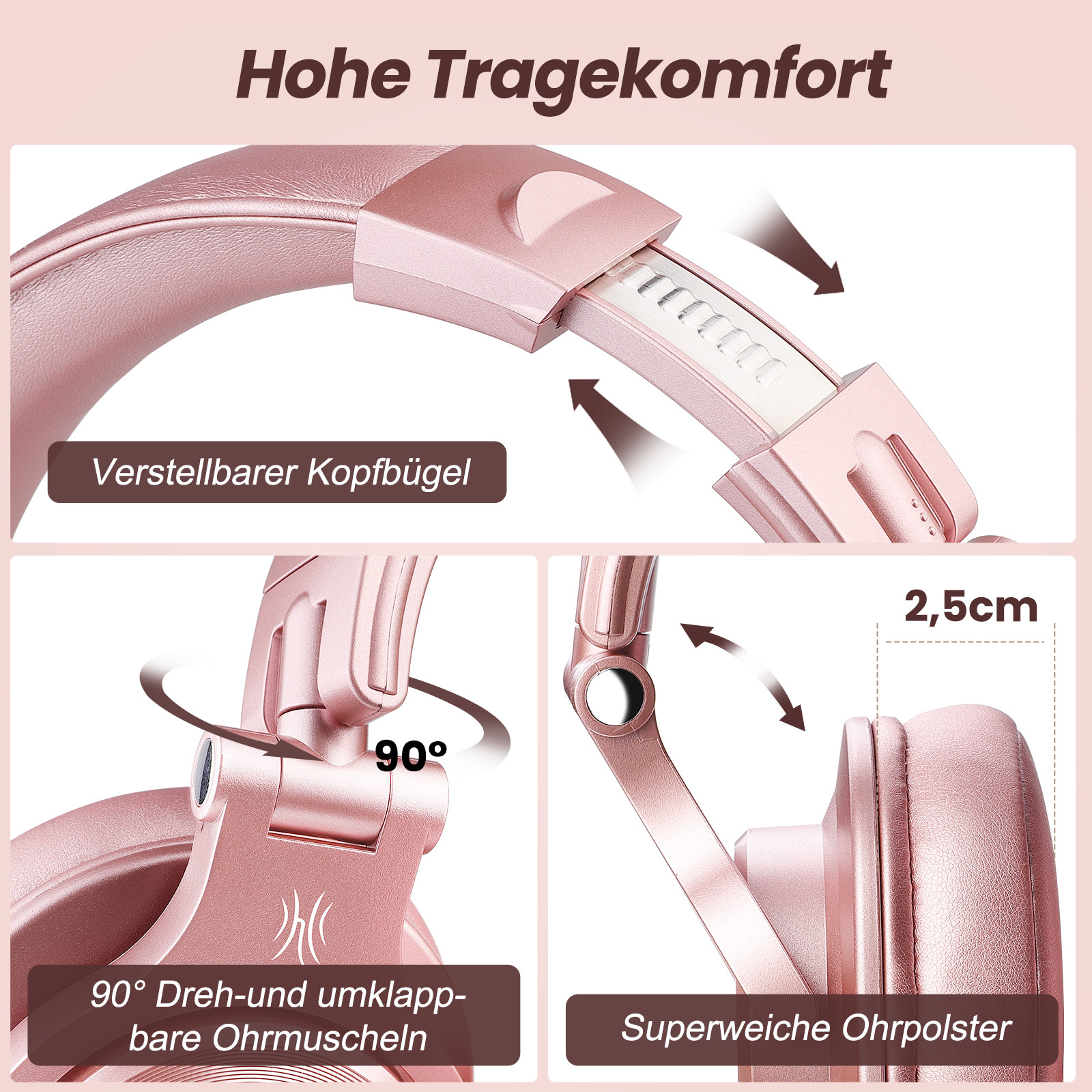 Rosa Kopfhörer mit Text. Zeigt verstellbares Kopfband, drehbare Ohrmuscheln und weiche Ohrpolster.