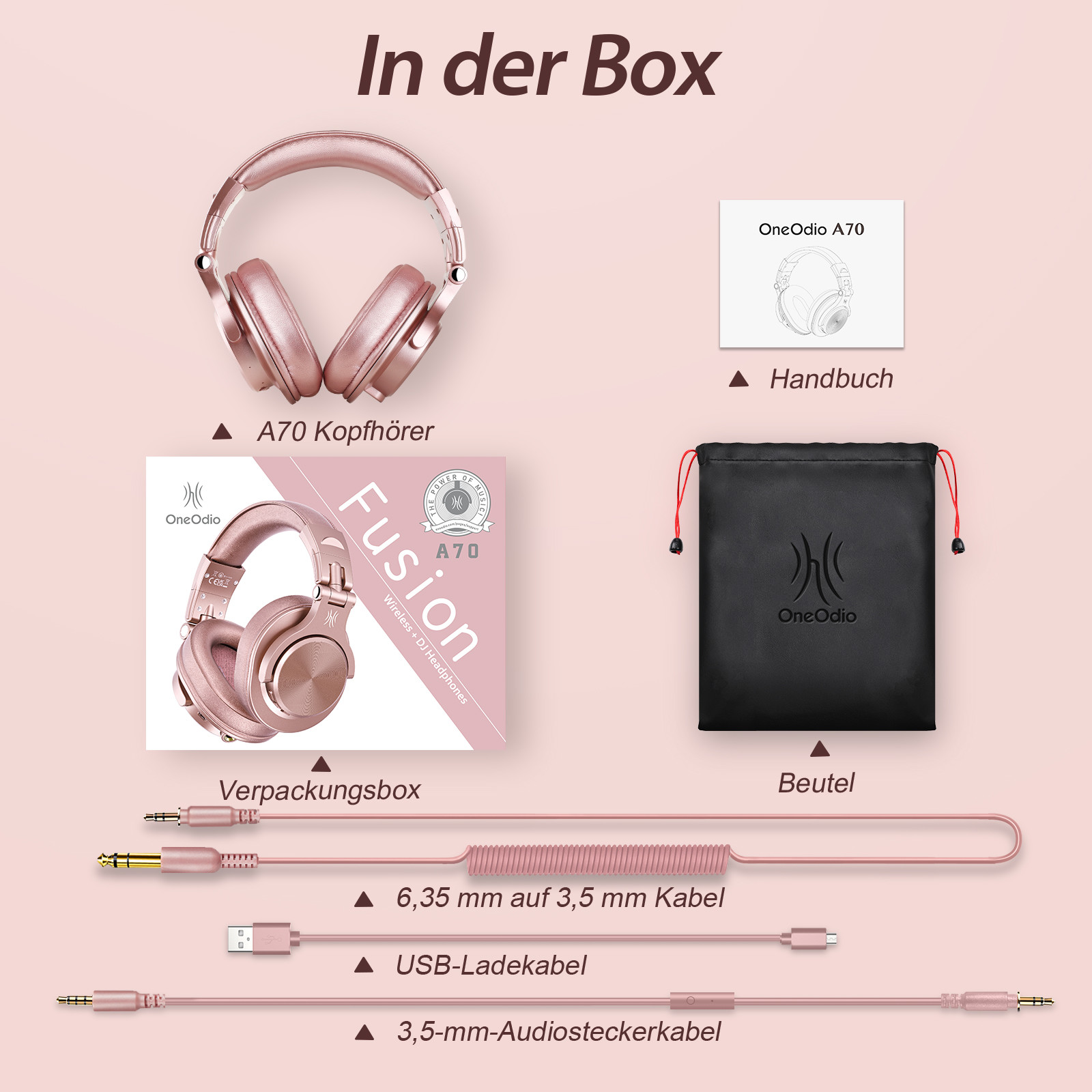 Kopfhörer, Box, Kabel und Zubehör auf rosa Hintergrund.