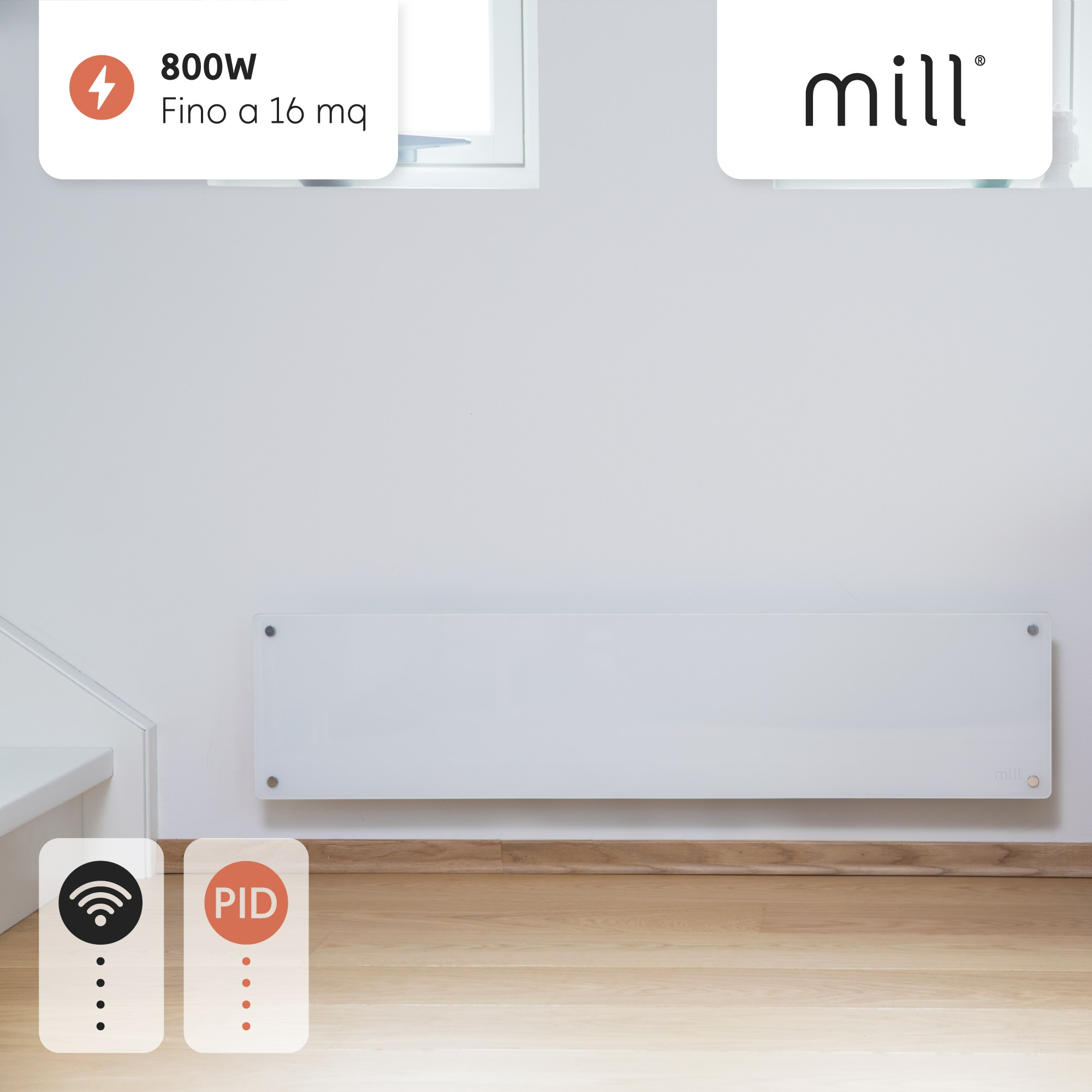 Calentador blanco montado en la pared. Se ven iconos de WiFi y control PID.